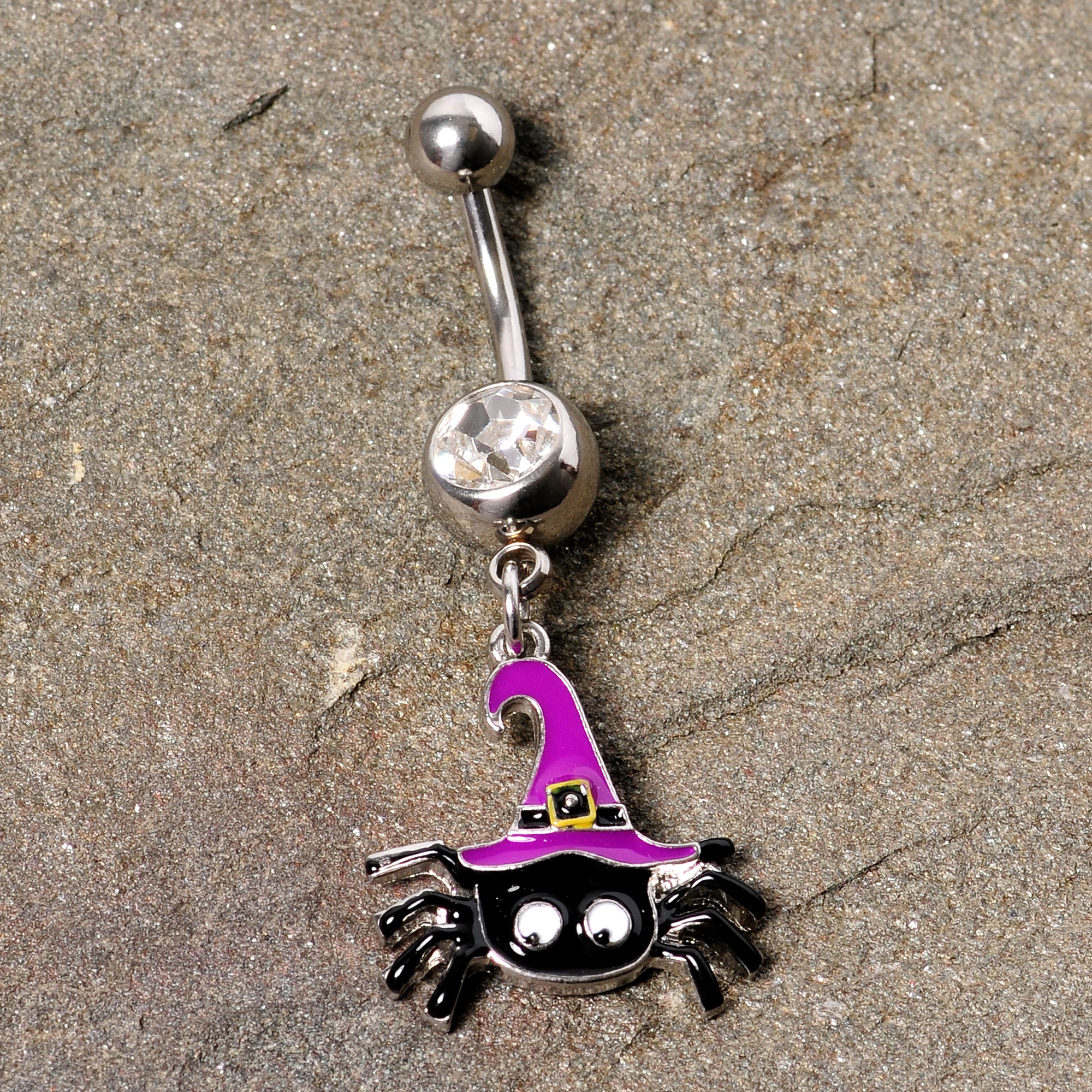 Clear Gem Black Purple Witchy Spider Halloween Dangle Belly Ring
