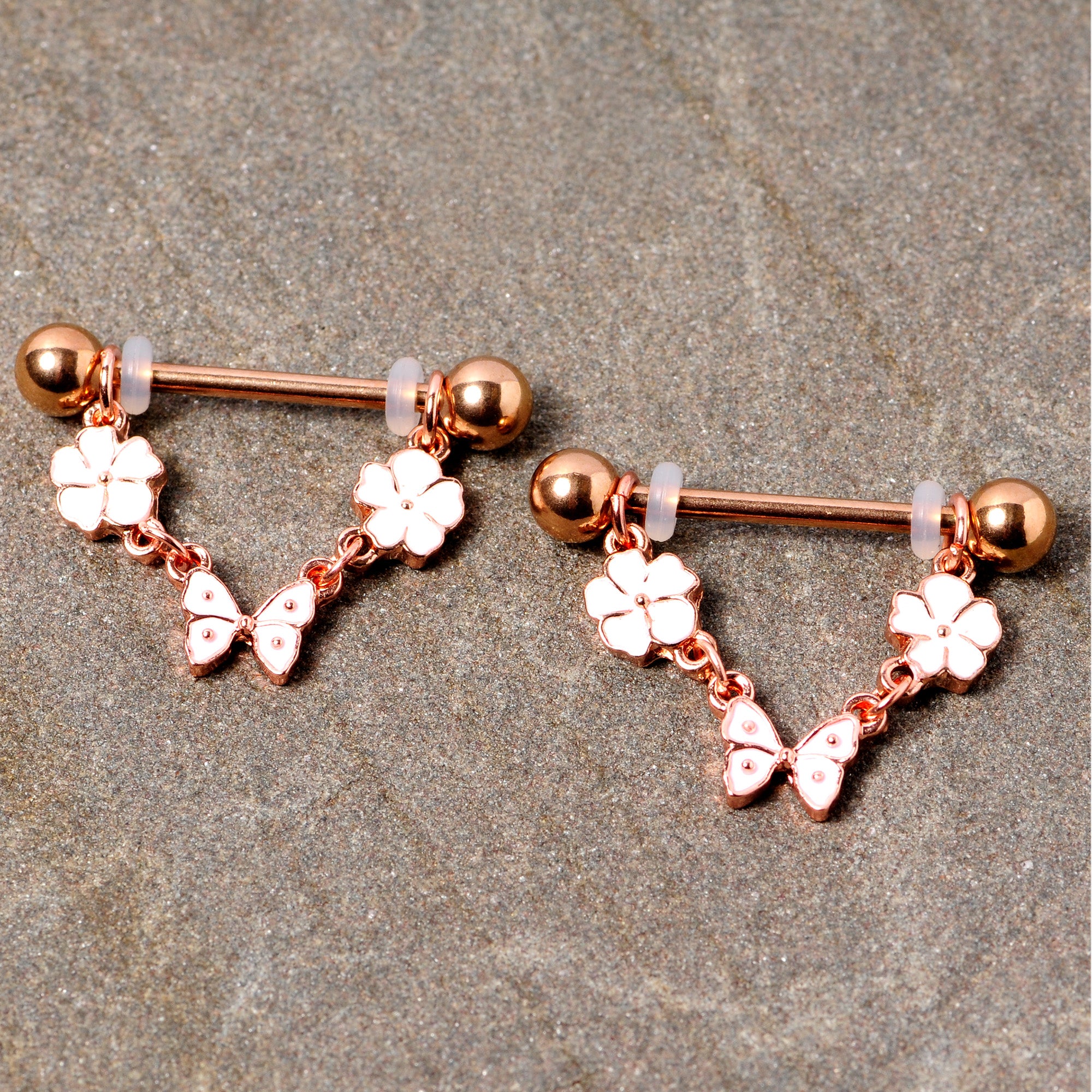 14G 5/8 Gold Tone White Flower Butterfly Dangle Nipple Ring Set