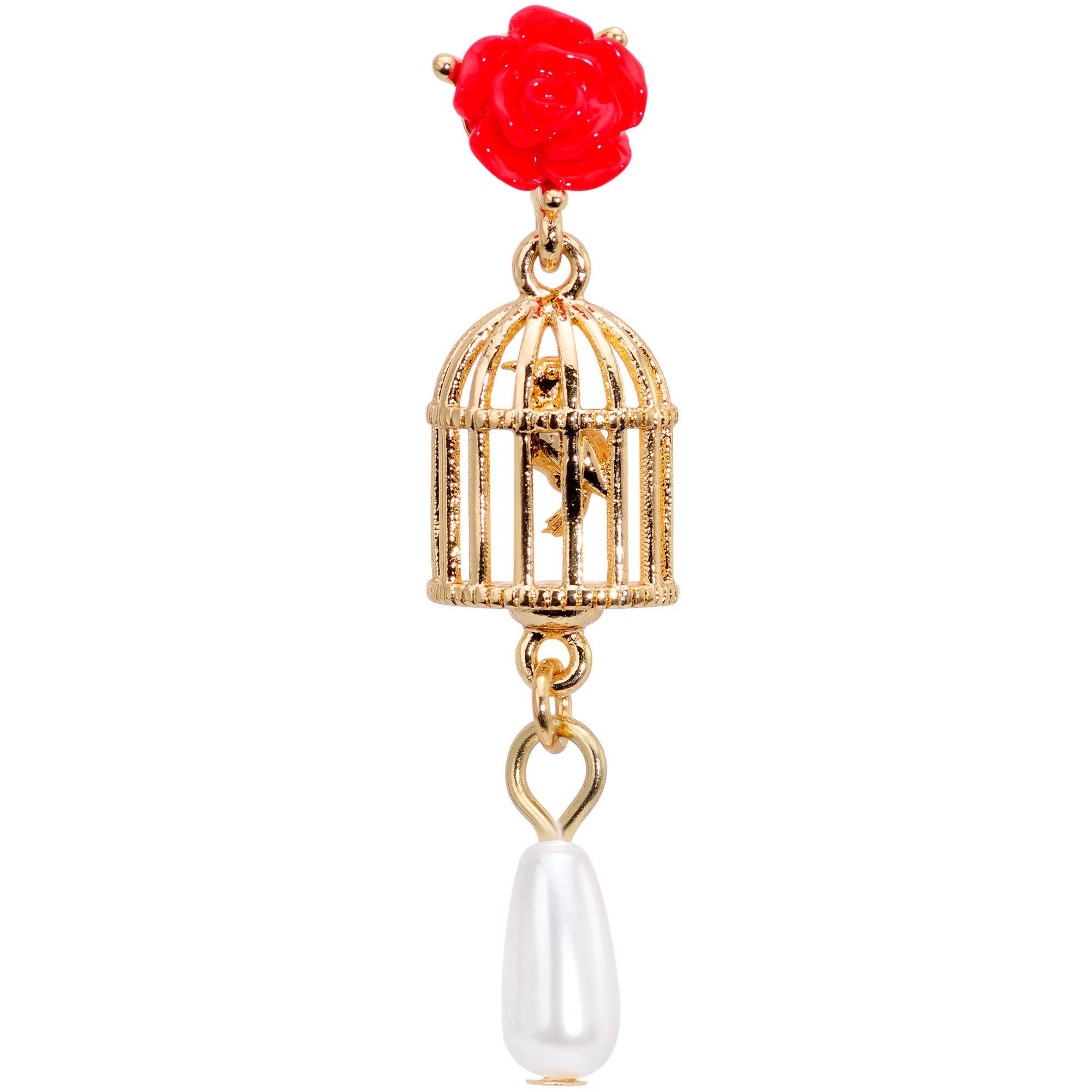 16G 1/4 Red Flower Gold Tone Birdcage Dangle Cartilage Tragus