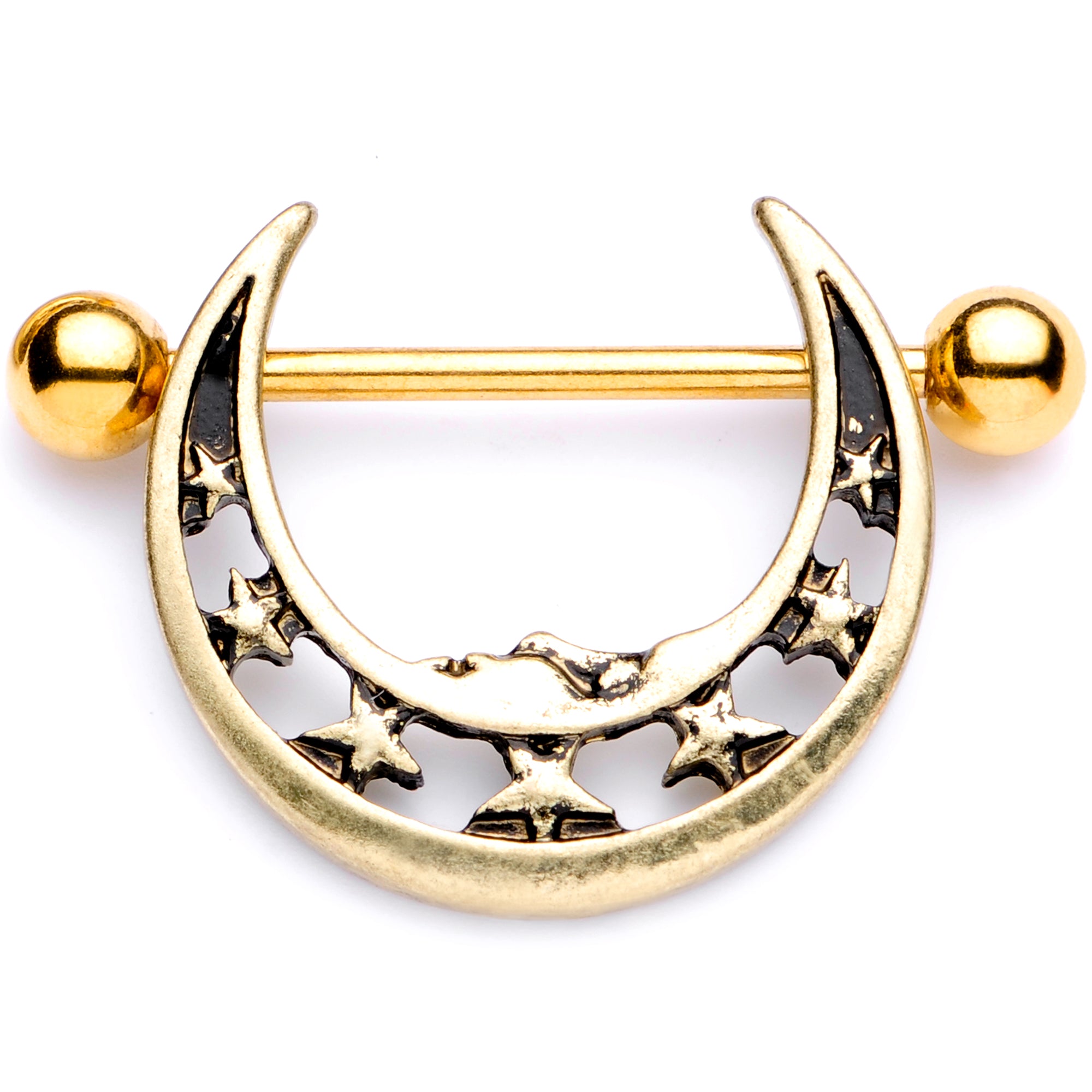 14 Gauge 7/8 Gold Tone Starry Crescent Moon Nipple Shield Set