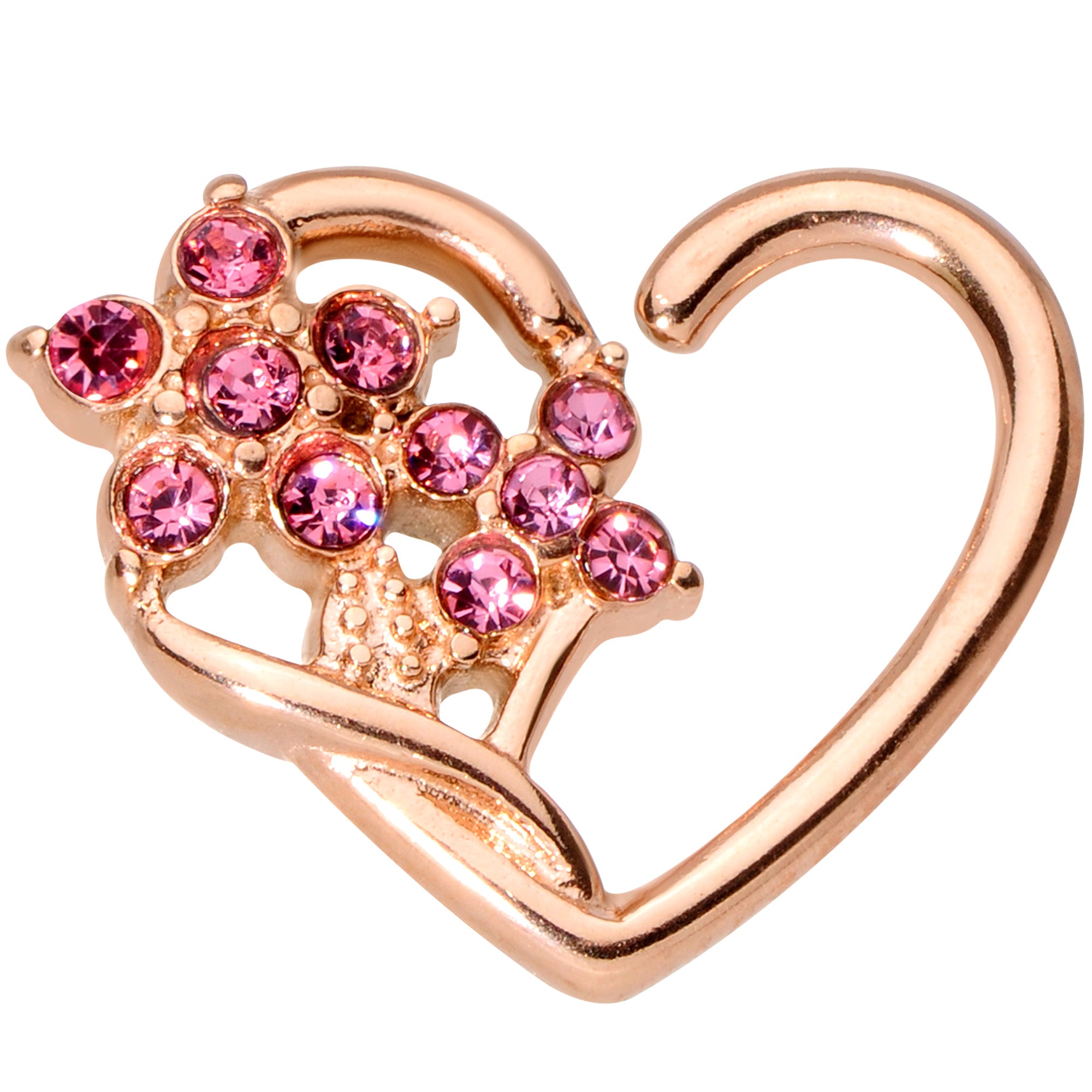 16 Gauge 3/8 Pink Gem Rose Gold Tone Heart Right Ear Closure Ring