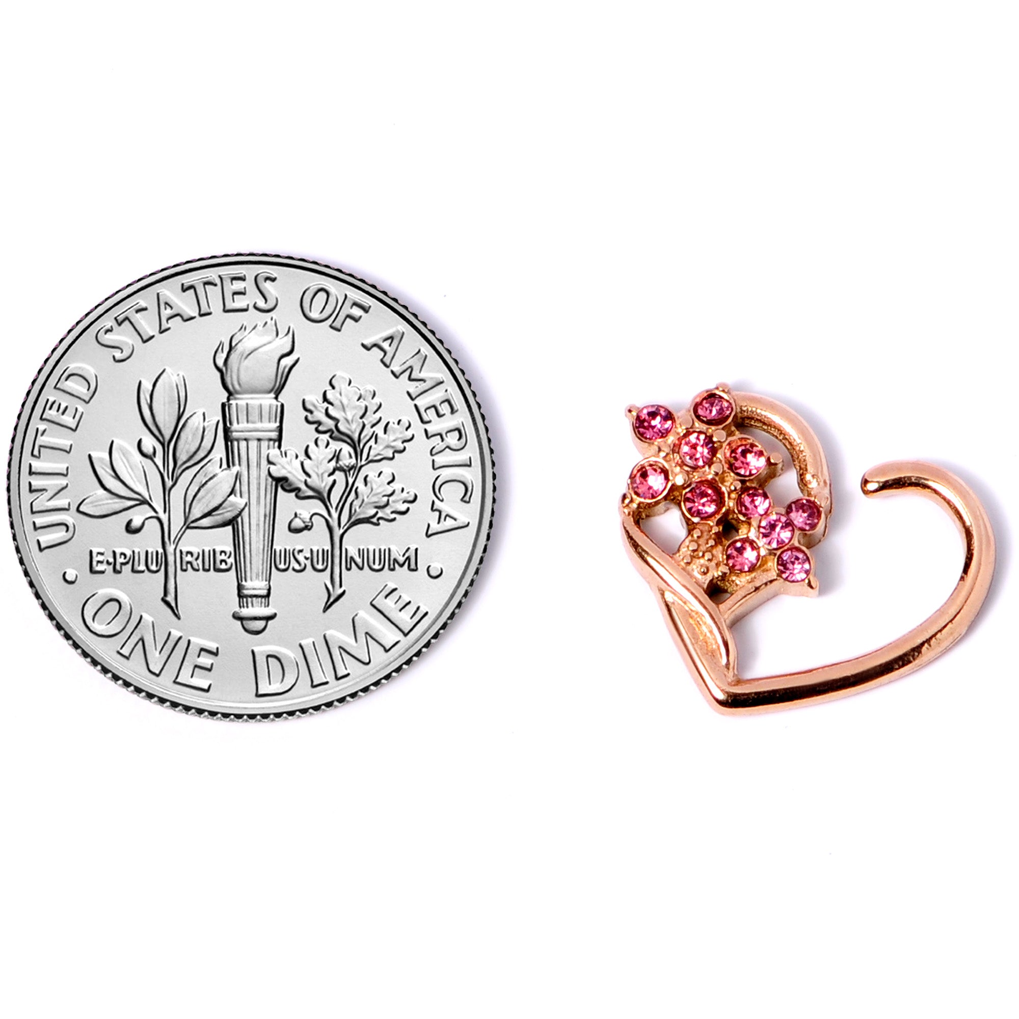 16 Gauge 3/8 Pink Gem Rose Gold Tone Heart Right Ear Closure Ring