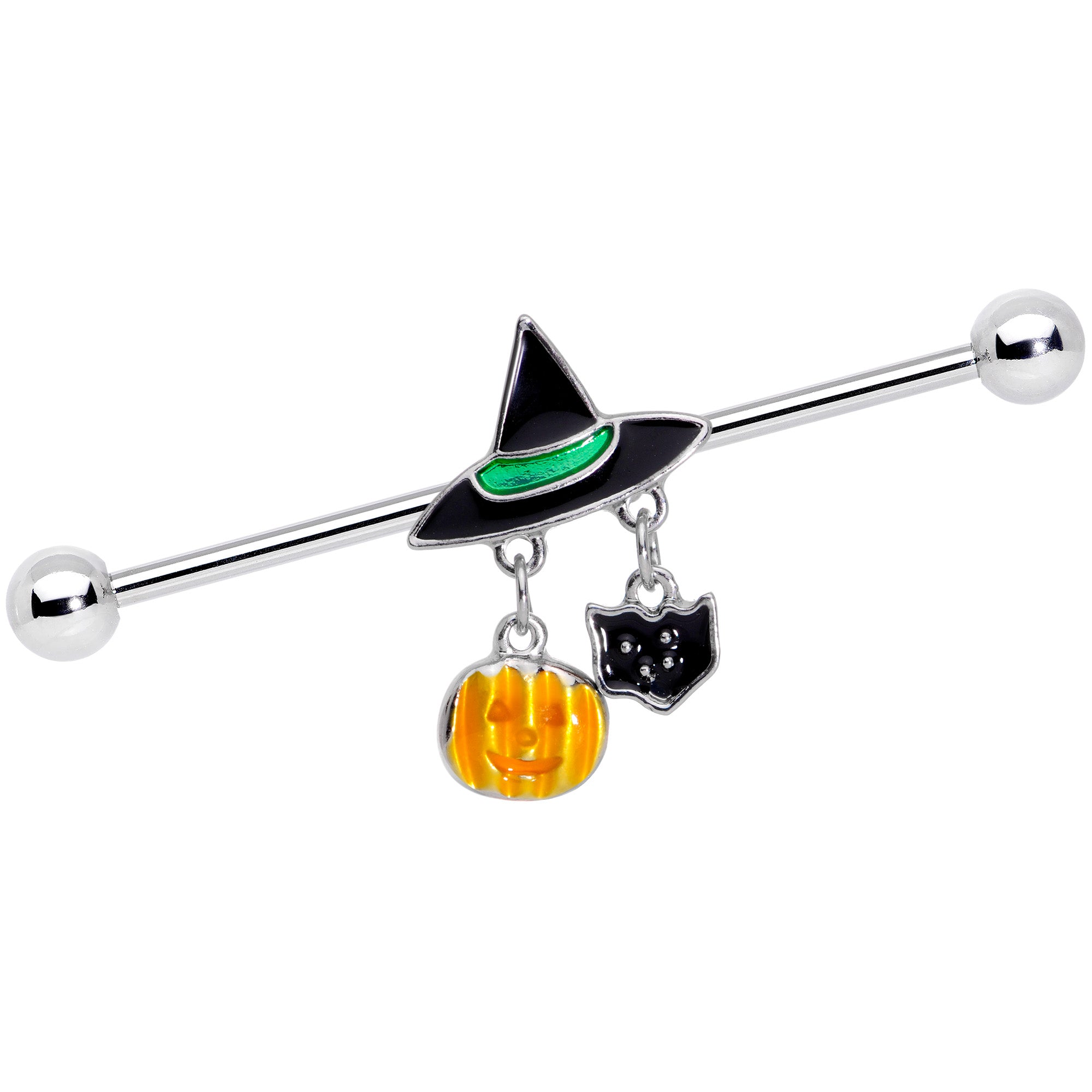 14G Black Cat Witch Hat Halloween Dangle Industrial Barbell 38mm