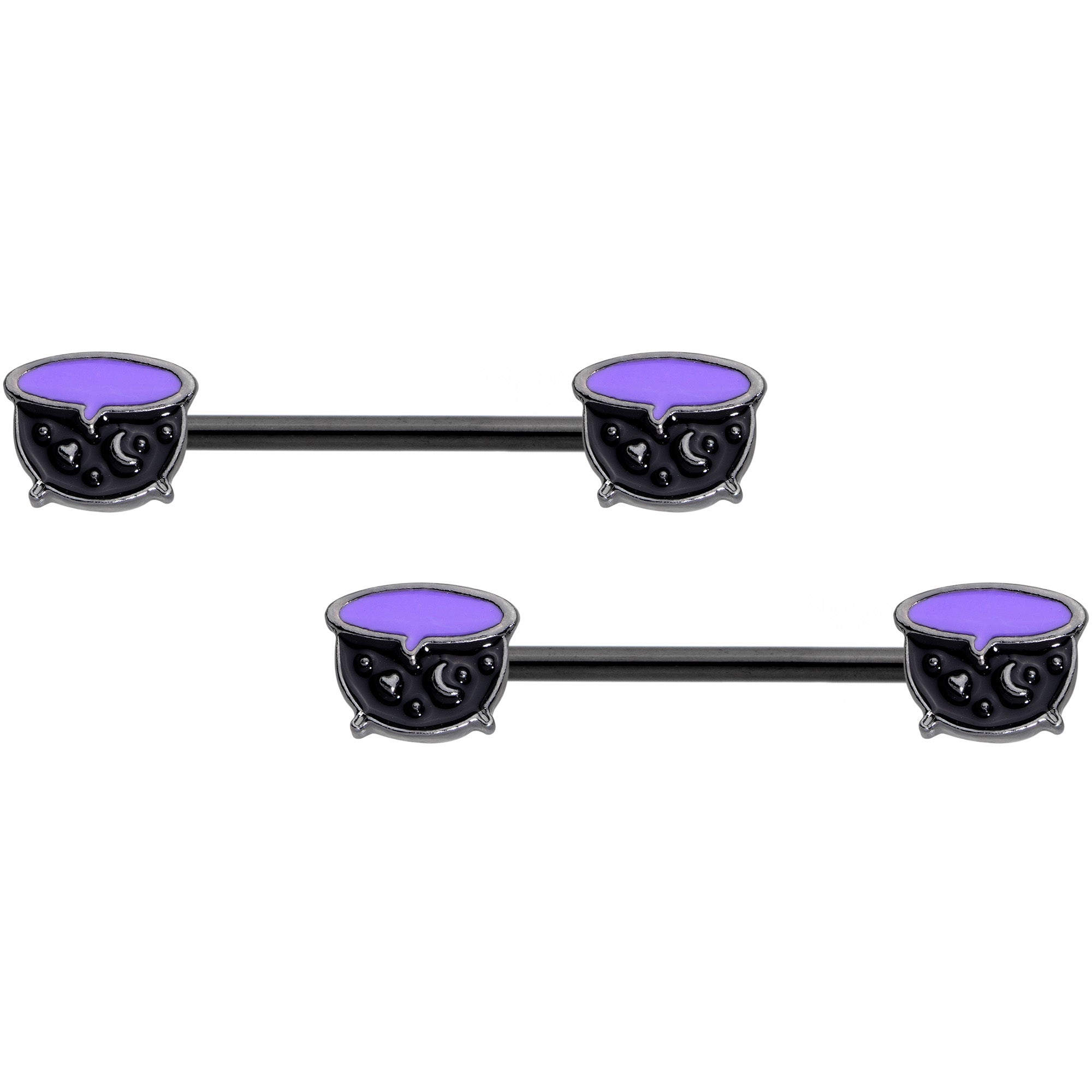 14G 11/16 Black Purple Cauldron Halloween Barbell Nipple Ring Set