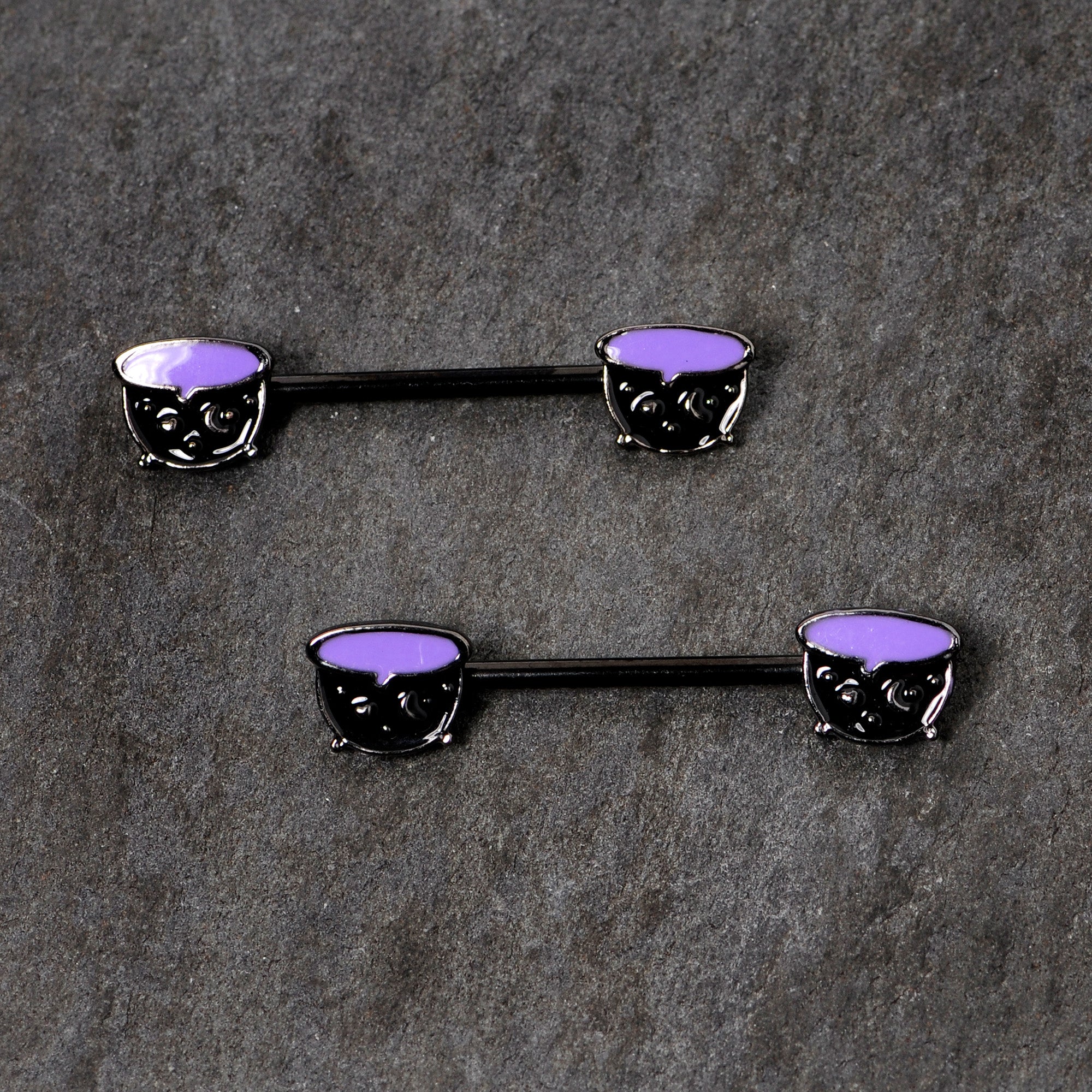 14 Gauge 11/16 Black Purple Cauldron Halloween Barbell Nipple Ring Set
