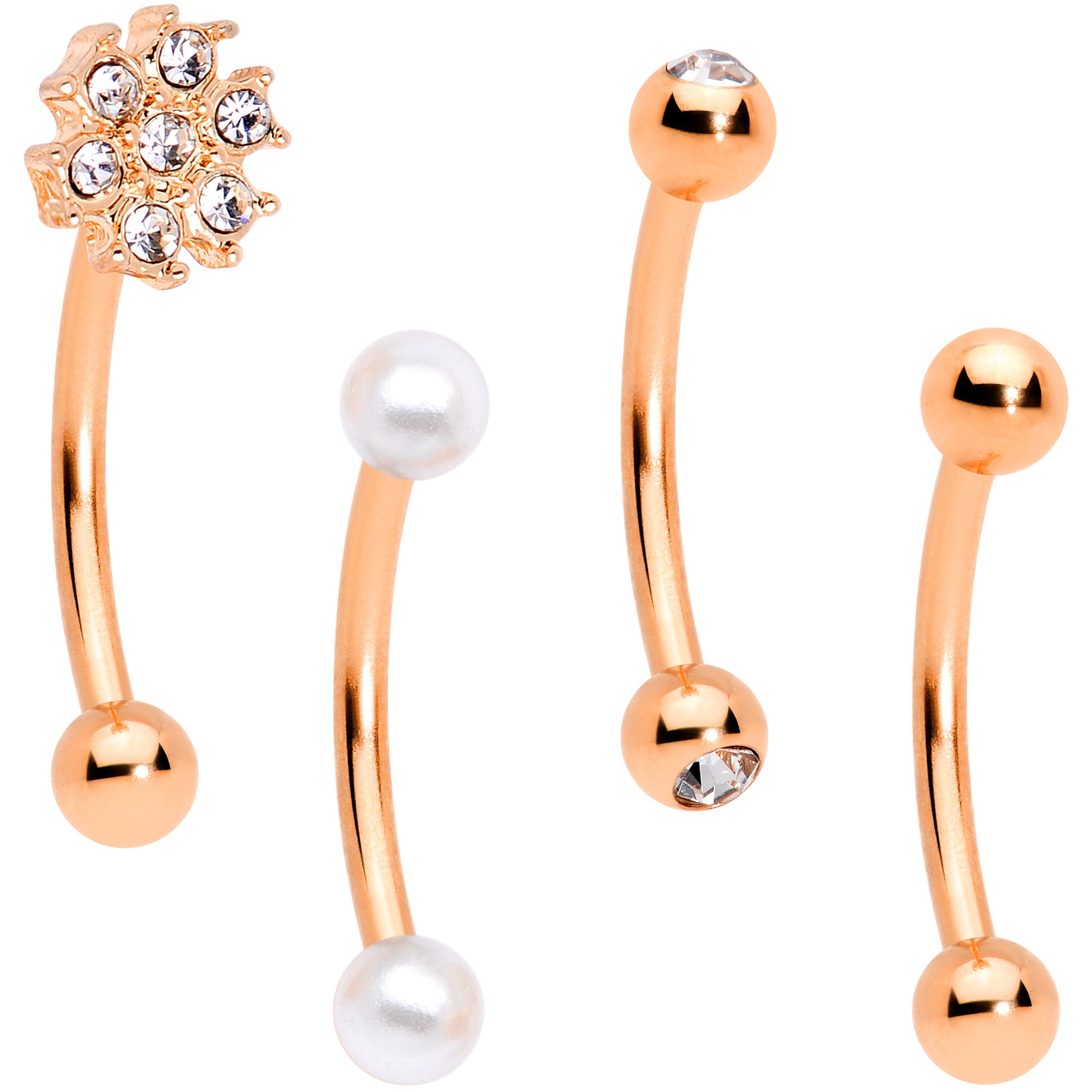 16G 5/16 Clear Gem Rose Gold Tone Curved Eyebrow Ring Set of 4