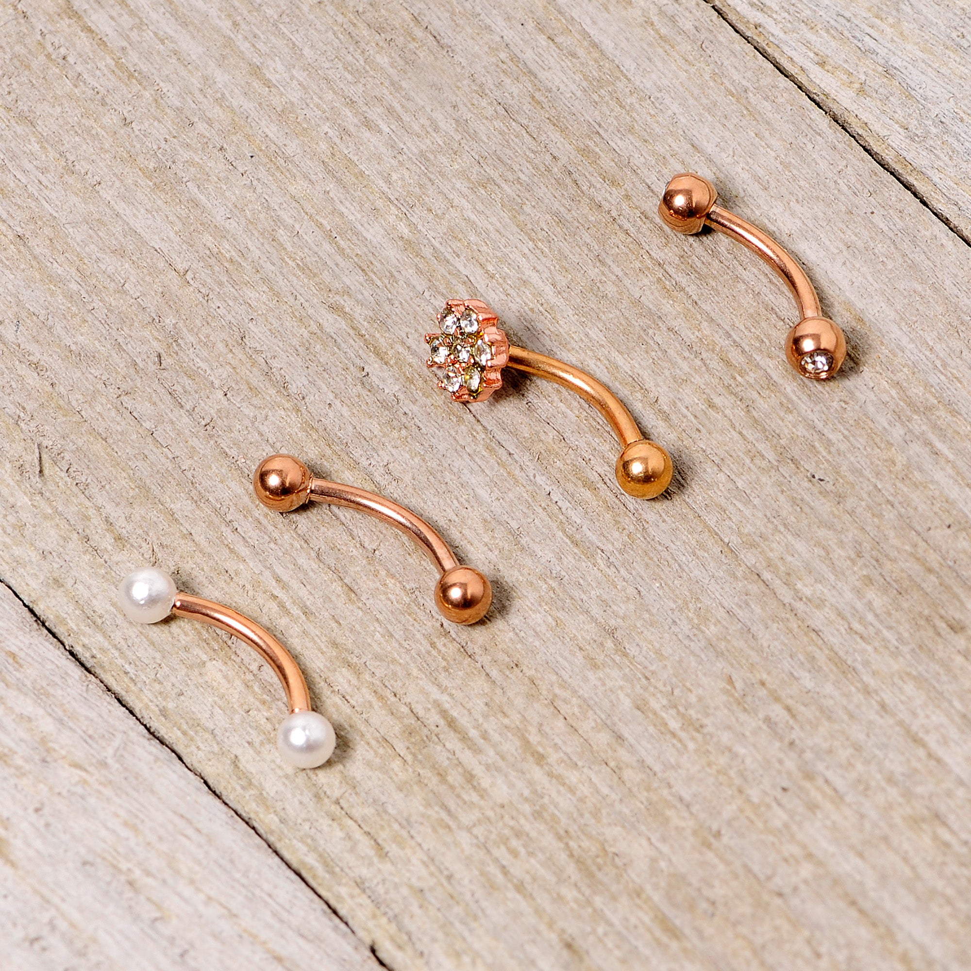 16G 5/16 Clear Gem Rose Gold Tone Curved Eyebrow Ring Set of 4