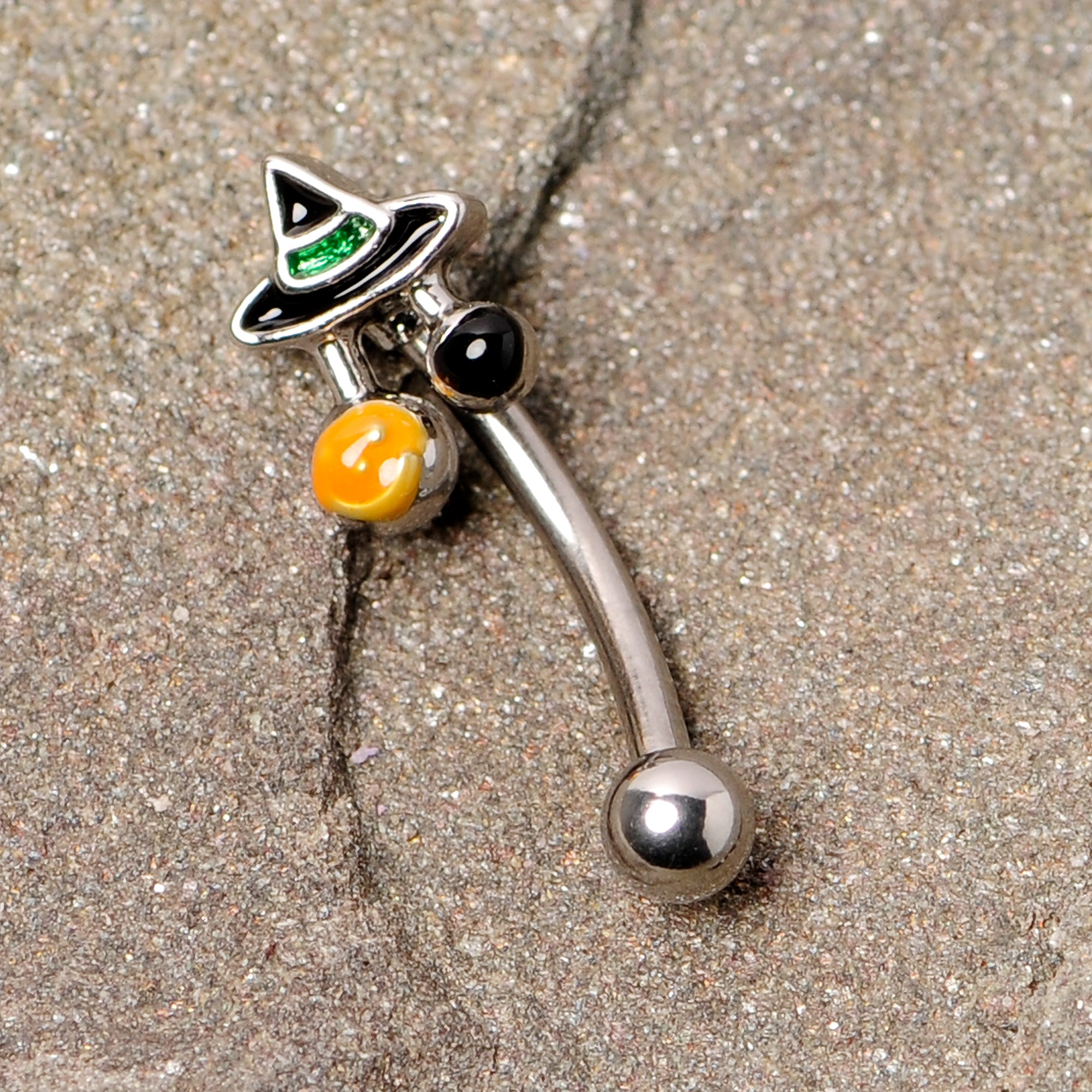 16G 5/16 Black Green Witches Hat Halloween Curved Eyebrow Ring