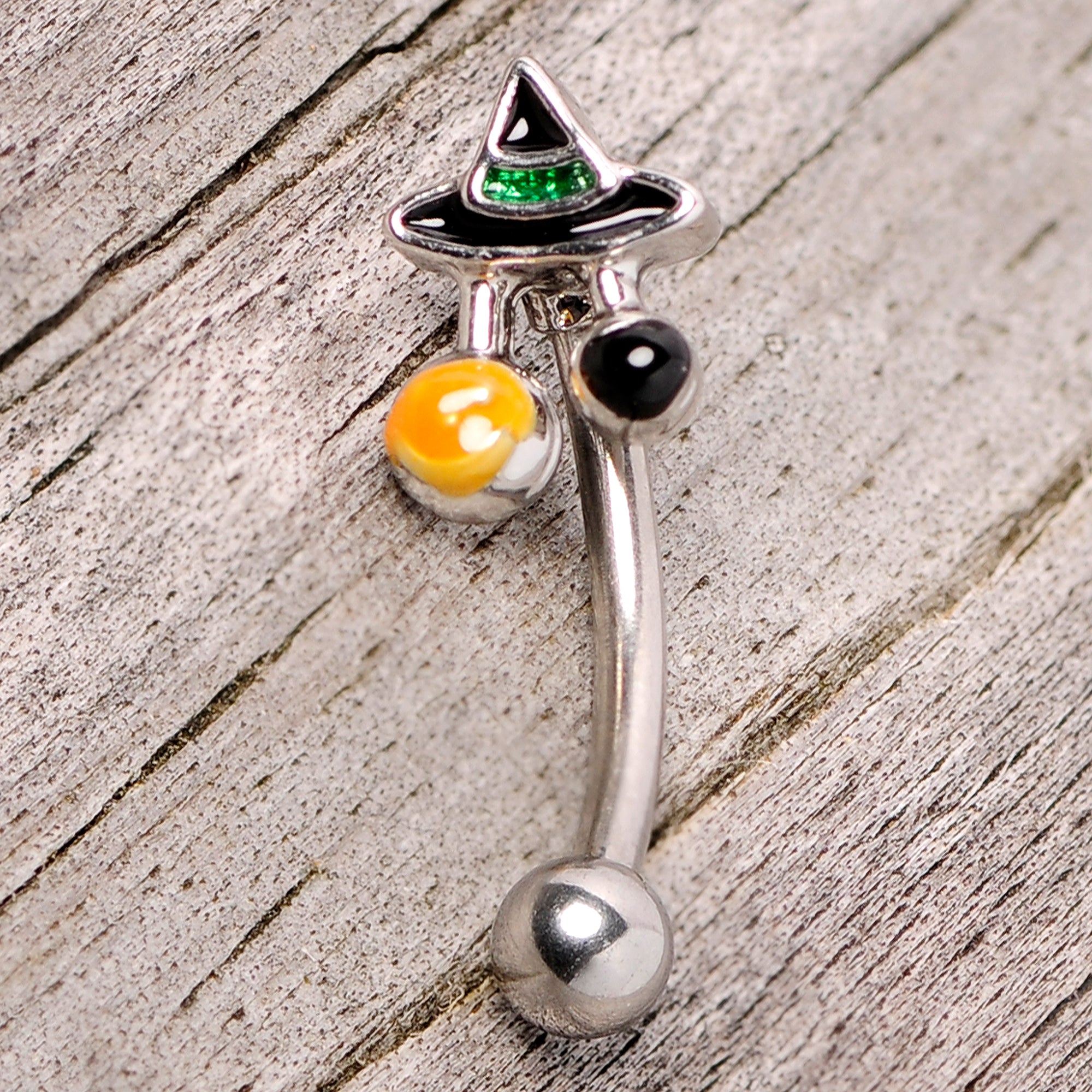 16 Gauge 5/16 Black Green Witches Hat Halloween Curved Eyebrow Ring