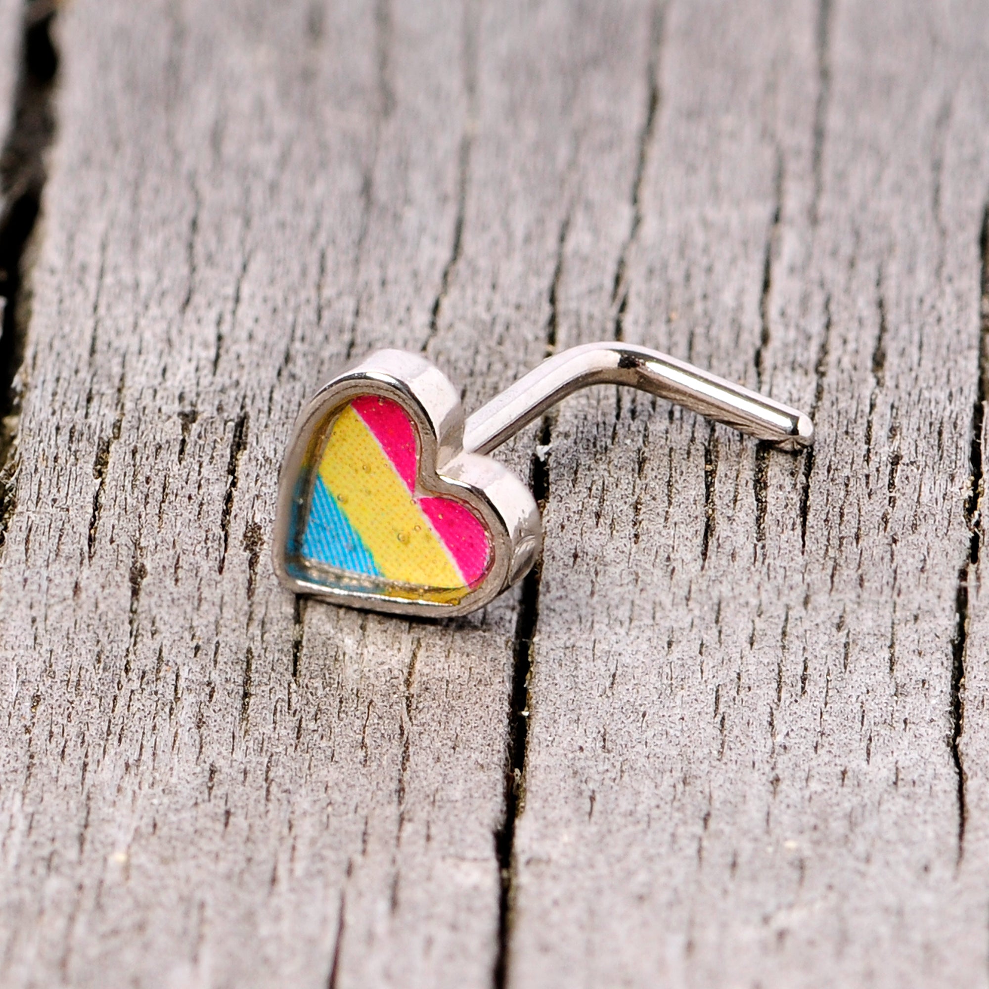 20G 5/16 Red Yellow Blue Pansexual Pride Heart L Shaped Nose Ring