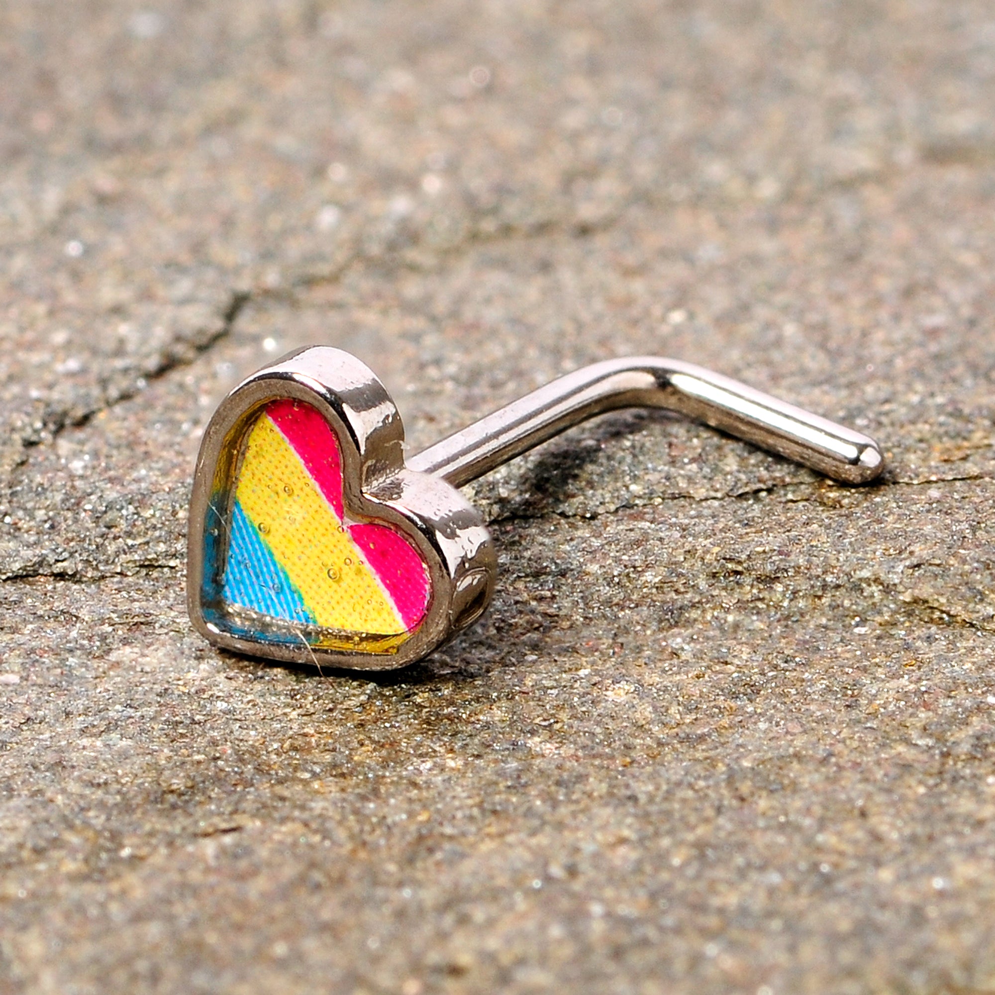 20G 5/16 Red Yellow Blue Pansexual Pride Heart L Shaped Nose Ring
