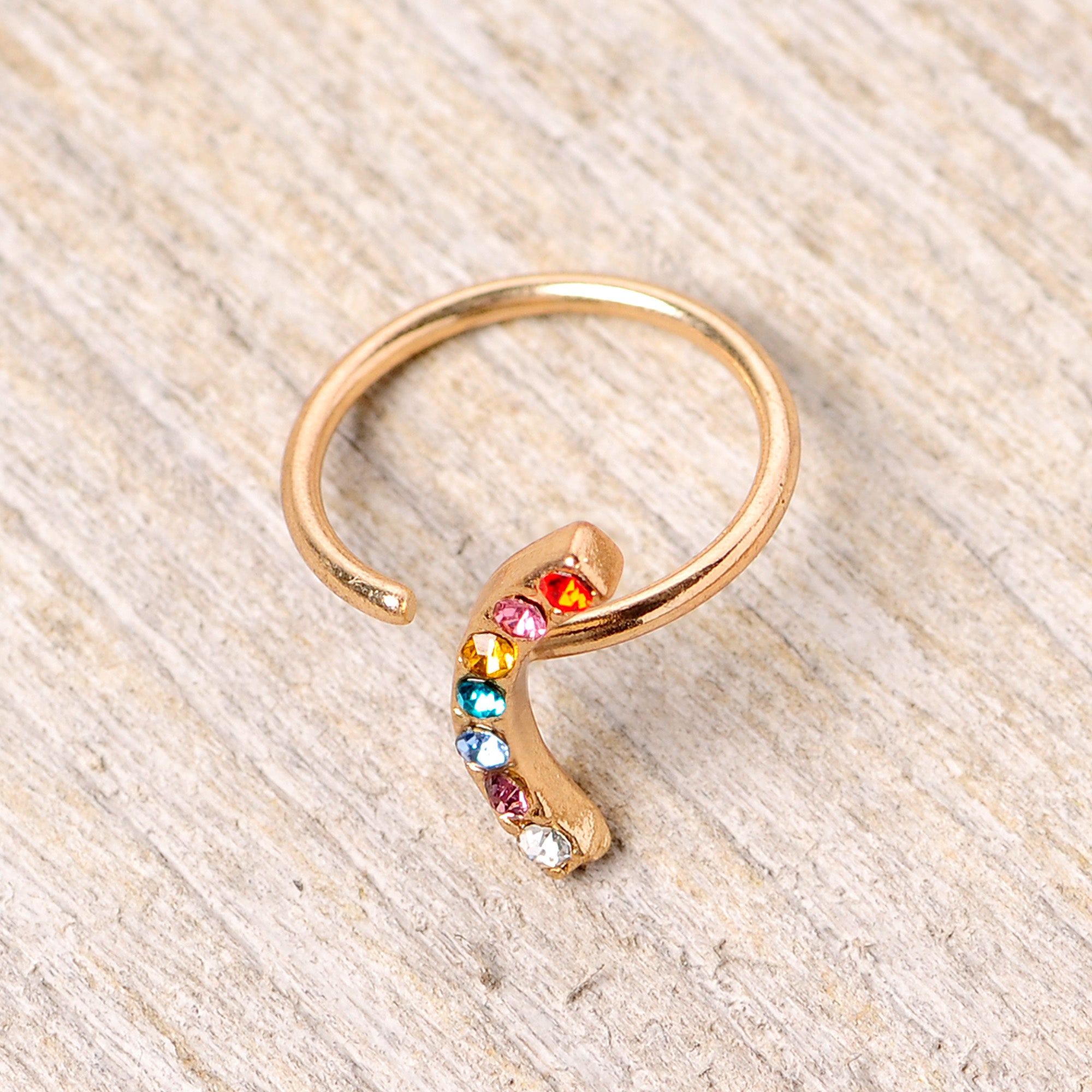 18G 3/8 Red Blue CZ Gem Gold Tone Rainbow Arc Nose Hoop