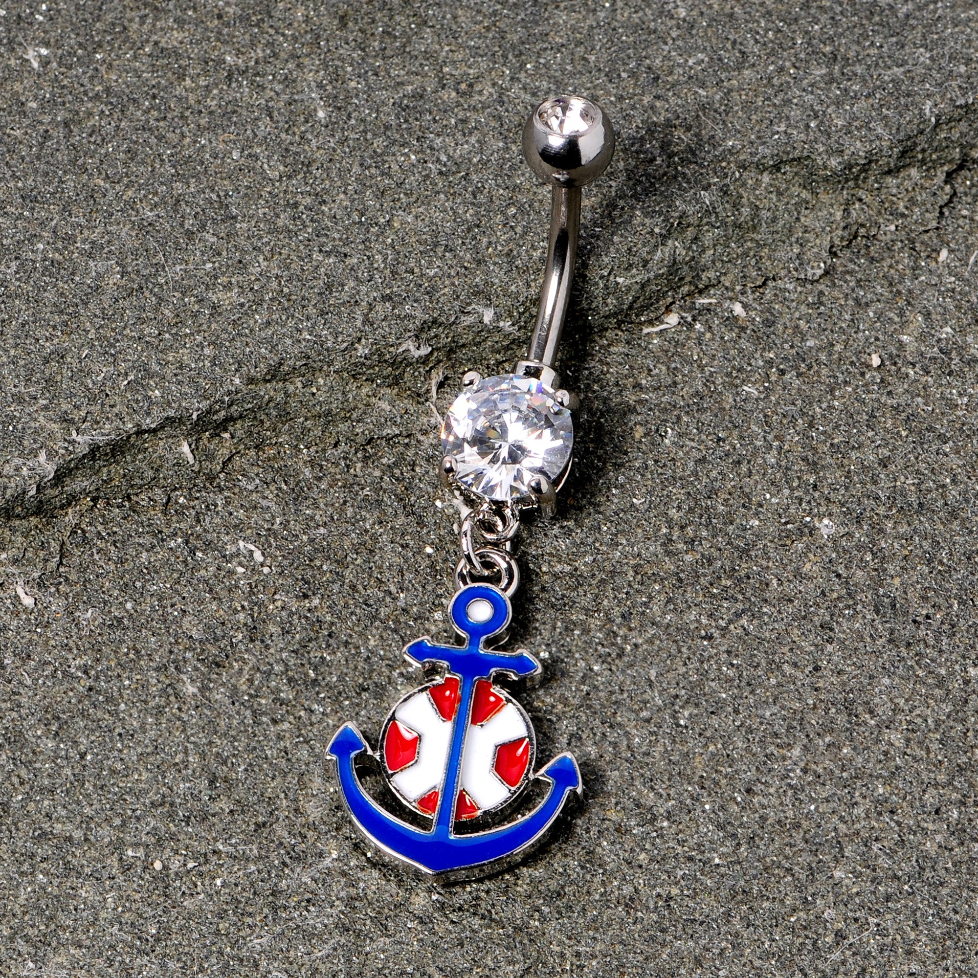 Clear Gem Blue Red Life Ring Anchor Nautical Belly Ring