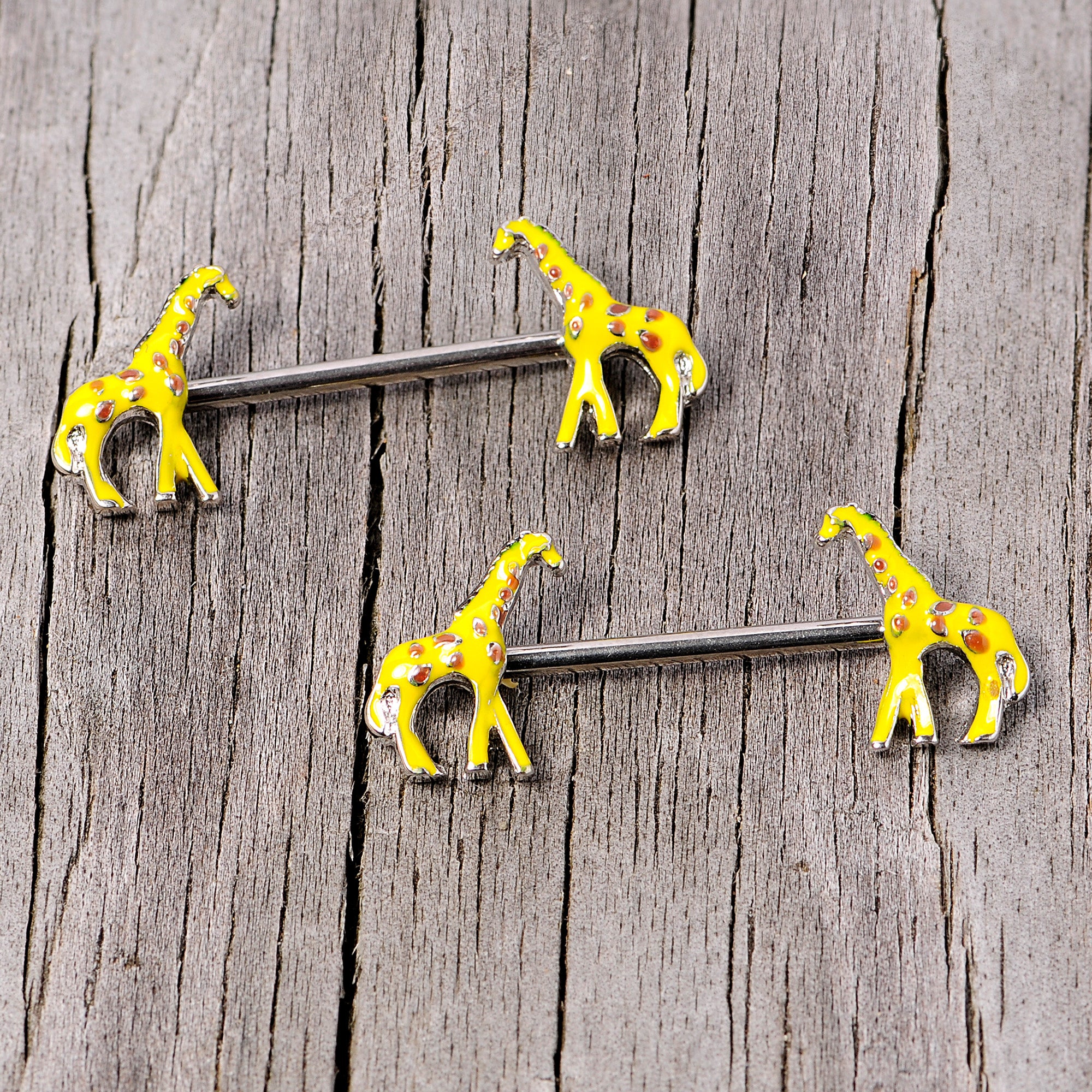 14G 9/16 Brown Yellow Giraffe Barbell Nipple Ring Set