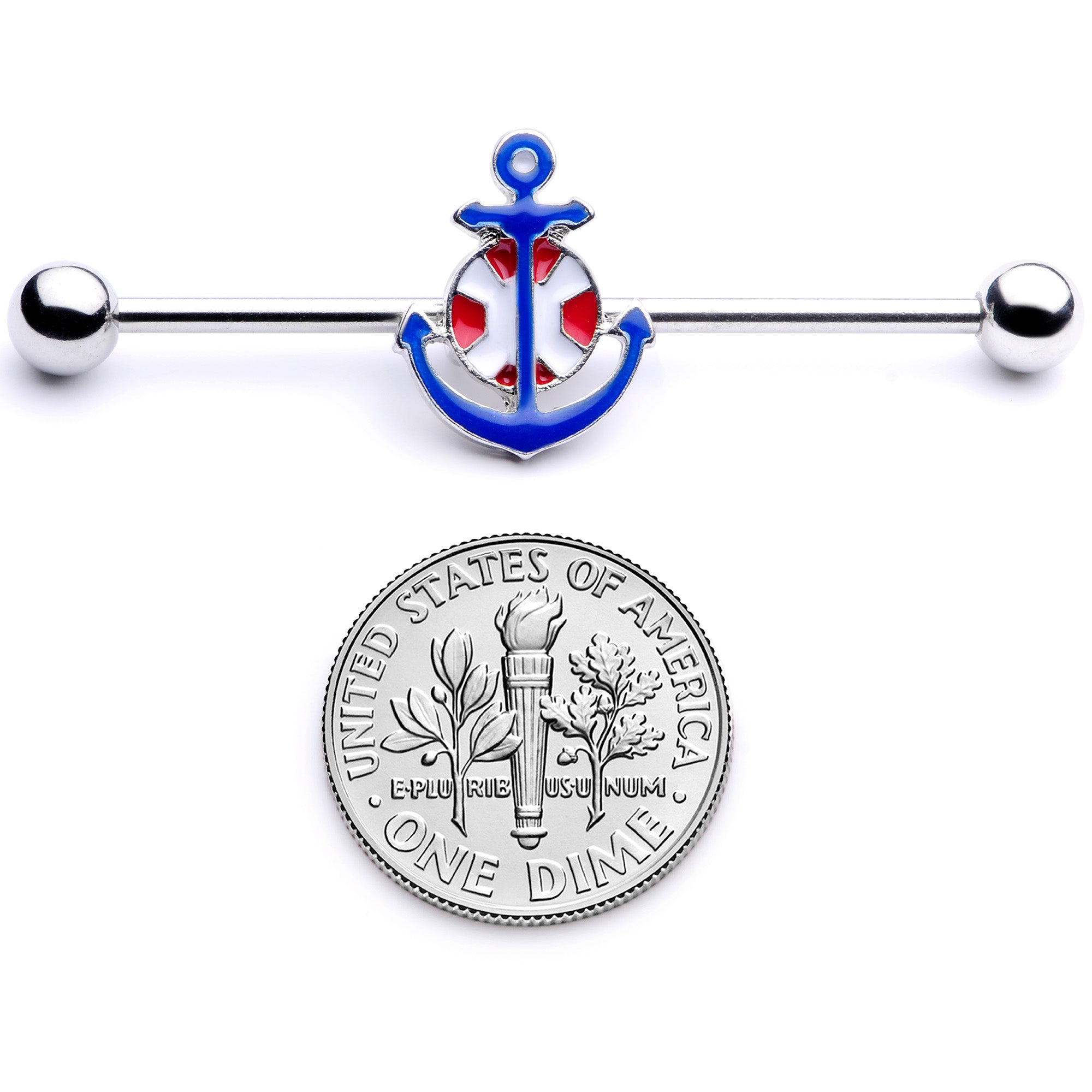 14G Blue Red Life Ring Anchor Nautical Industrial Barbell 38mm