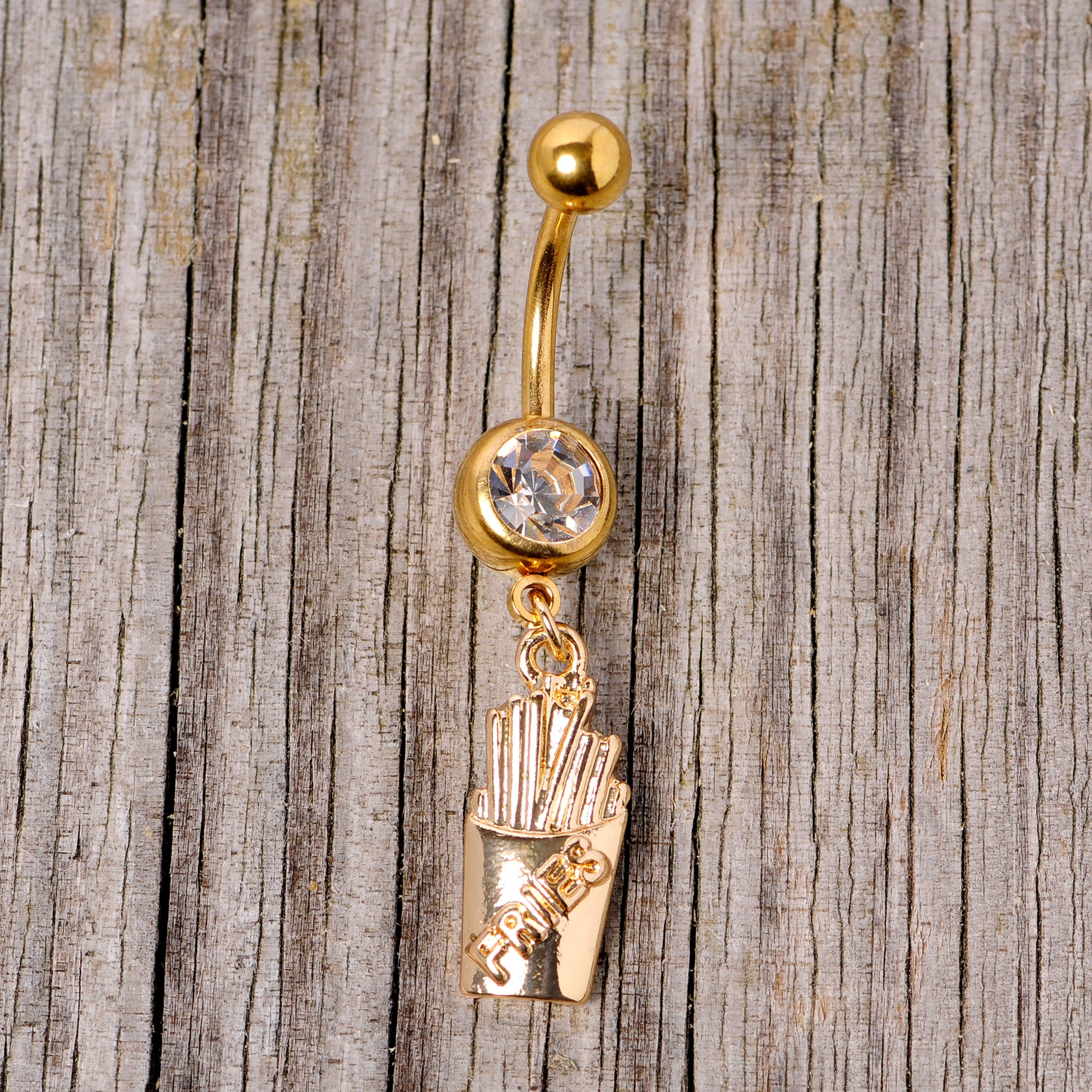 Clear Gem Gold Tone Fast Food French Fries Dangle Belly Ring
