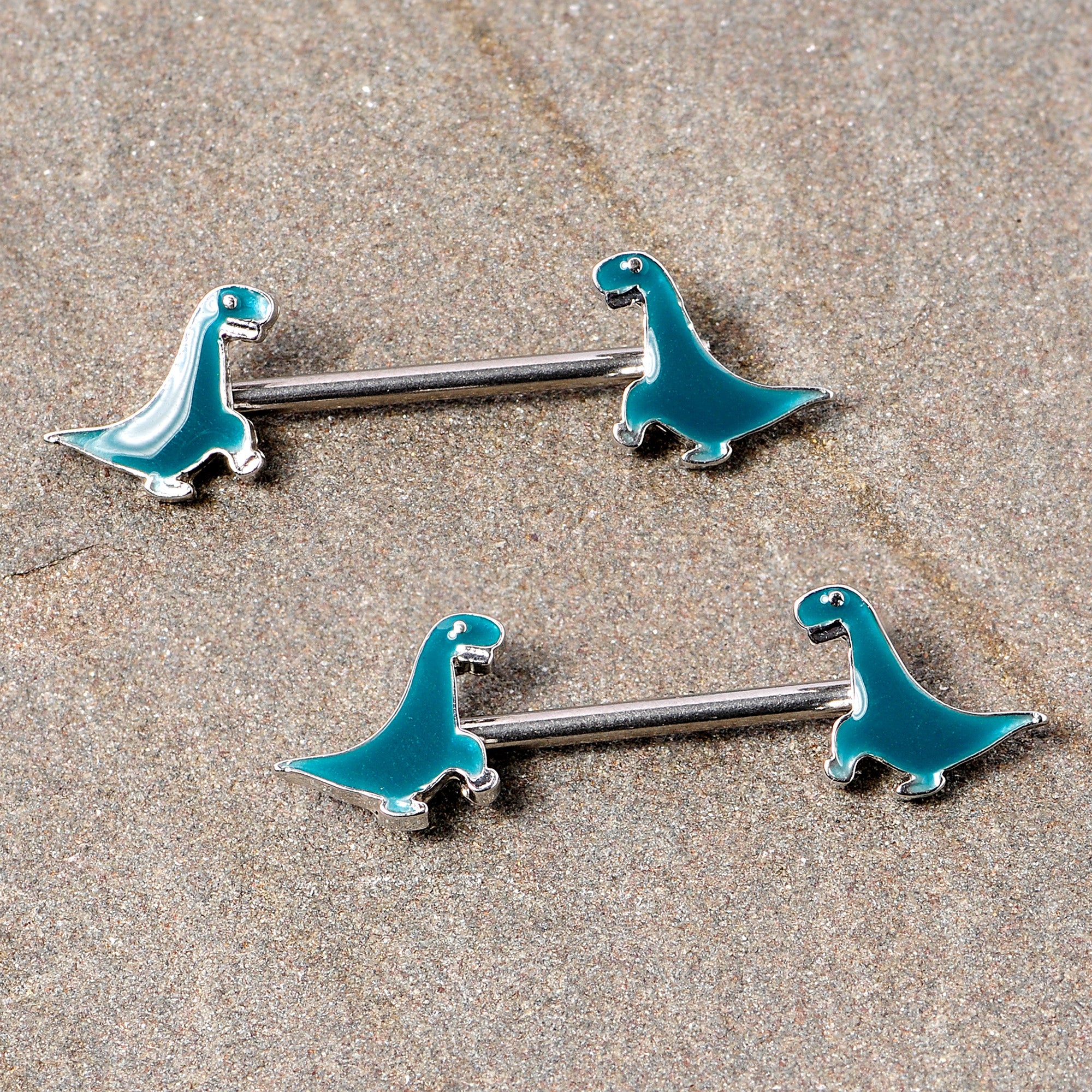 14G 9/16 Darling Green Dinosaur Barbell Nipple Ring Set