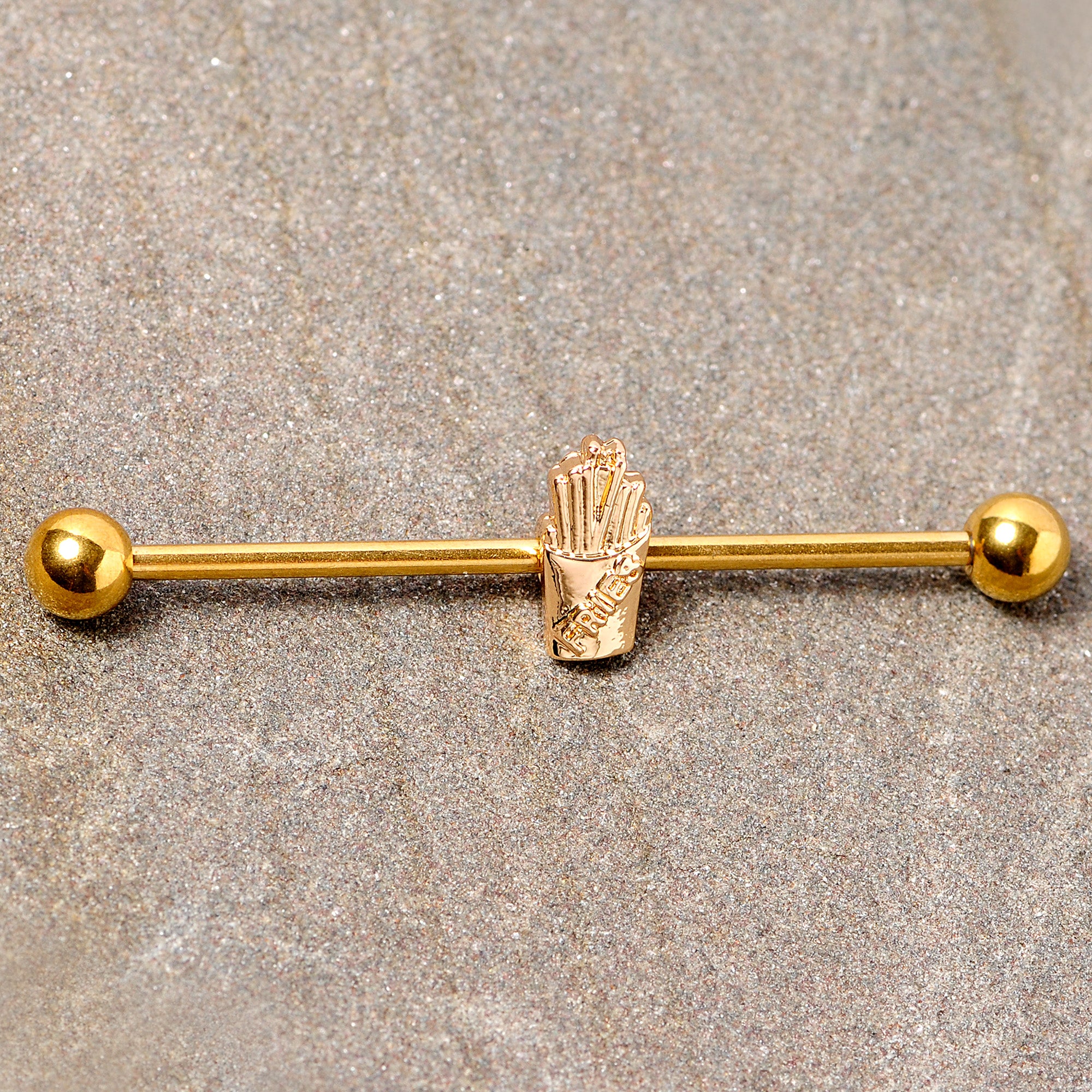 14G Gold Tone Fast Food French Fries Industrial Barbell 38mm