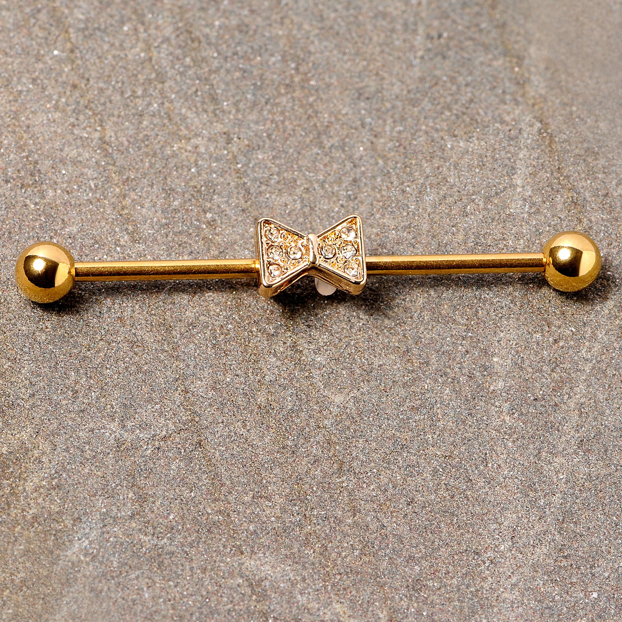 14G Clear Gem Gold Tone Bow Tie Industrial Barbell 38mm