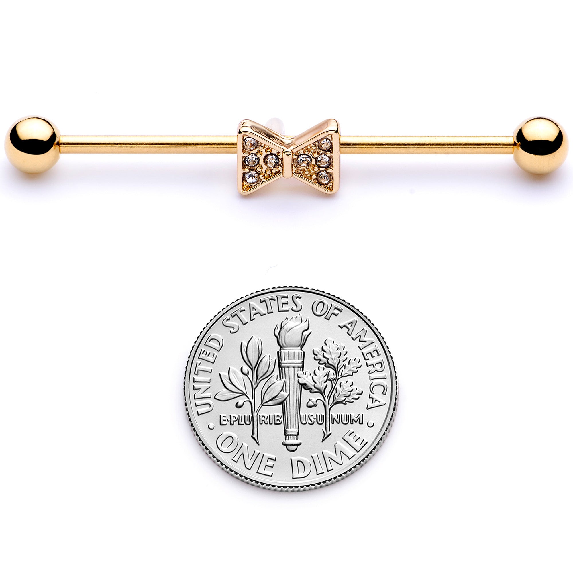14G Clear Gem Gold Tone Bow Tie Industrial Barbell 38mm