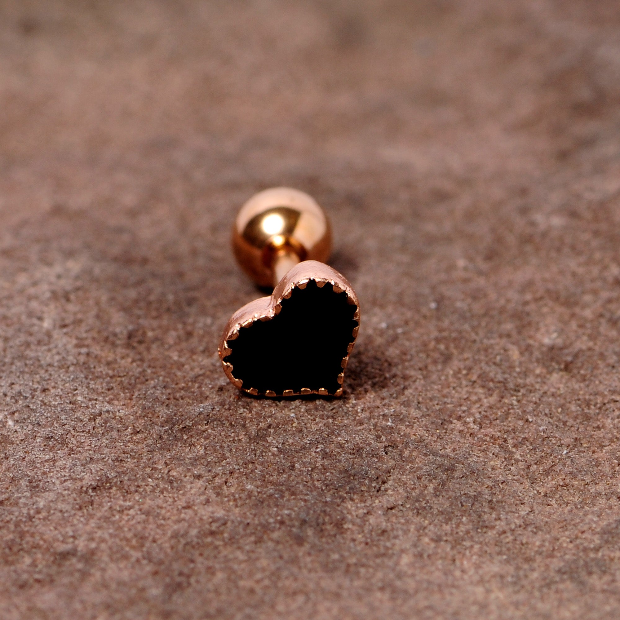 16G 1/4 Rose Gold Tone Black Heart Cartilage Tragus Earring