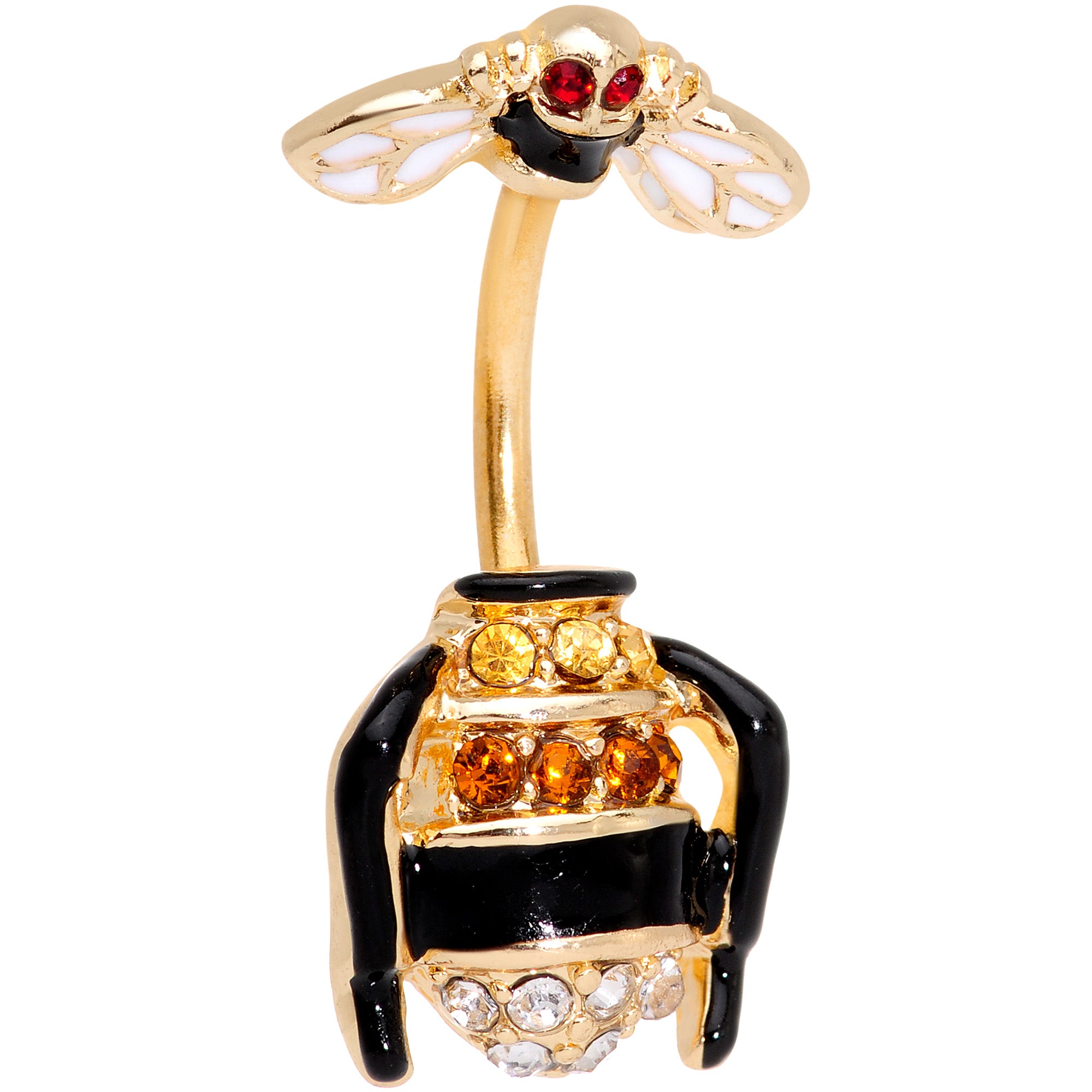 Clear Black Yellow Gem Gold Tone Bee Double Mount Belly Ring