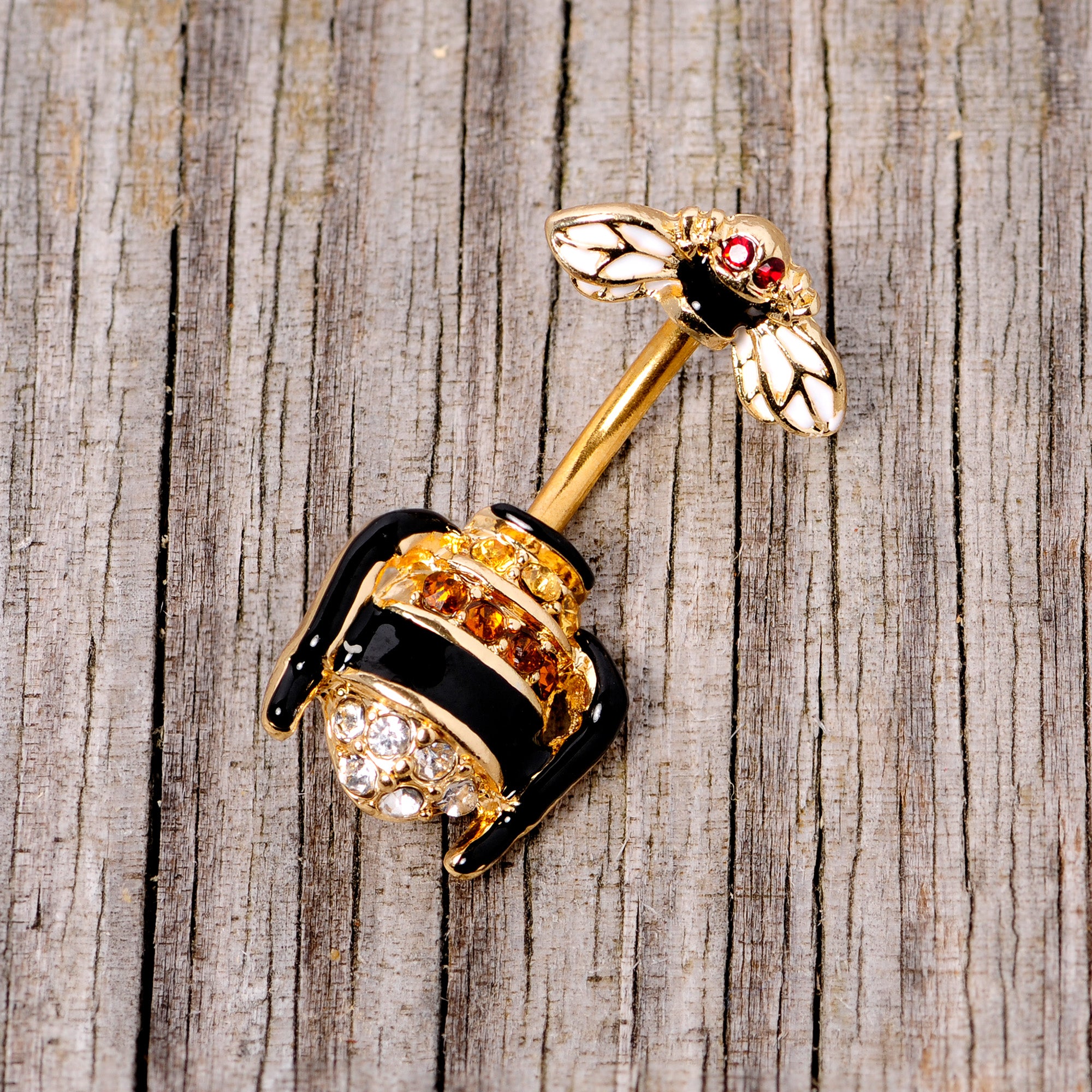 Clear Black Yellow Gem Gold Tone Bee Double Mount Belly Ring
