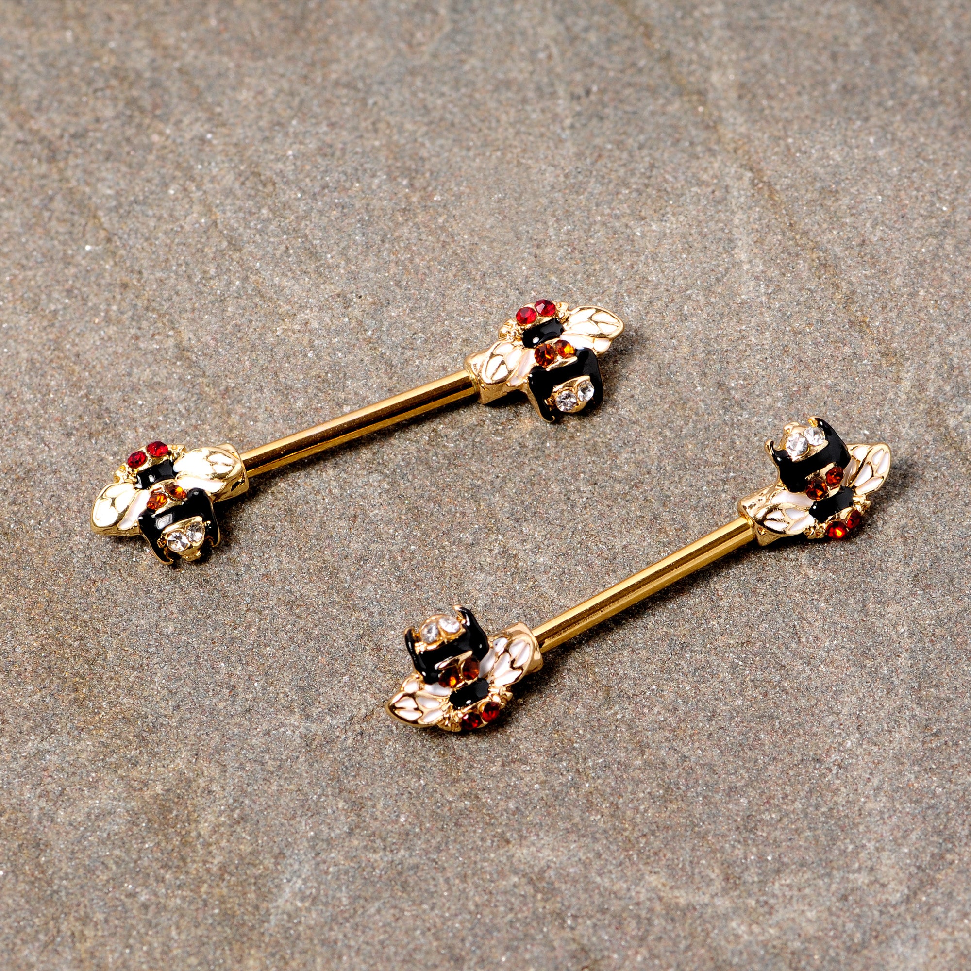 14G 9/16 Clear Yellow Gem Gold Tone Bee Barbell Nipple Ring Set