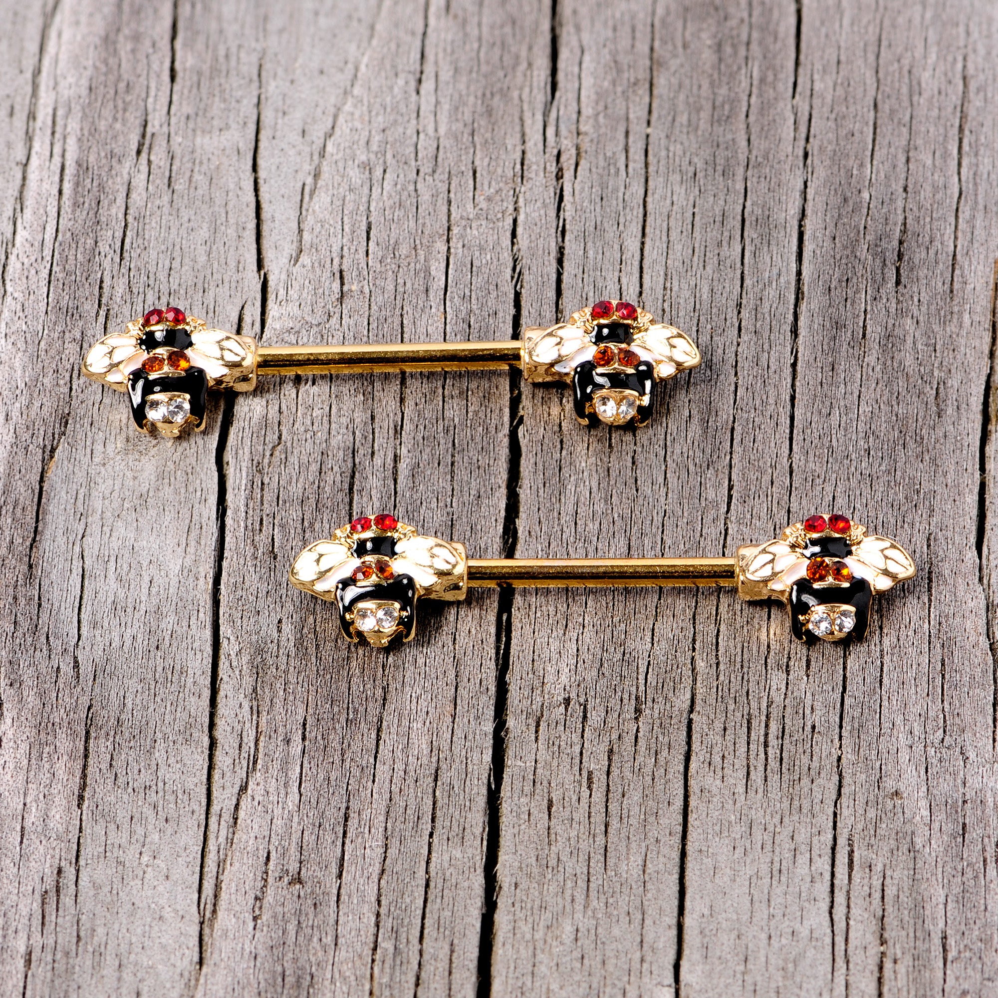 14G 9/16 Clear Yellow Gem Gold Tone Bee Barbell Nipple Ring Set