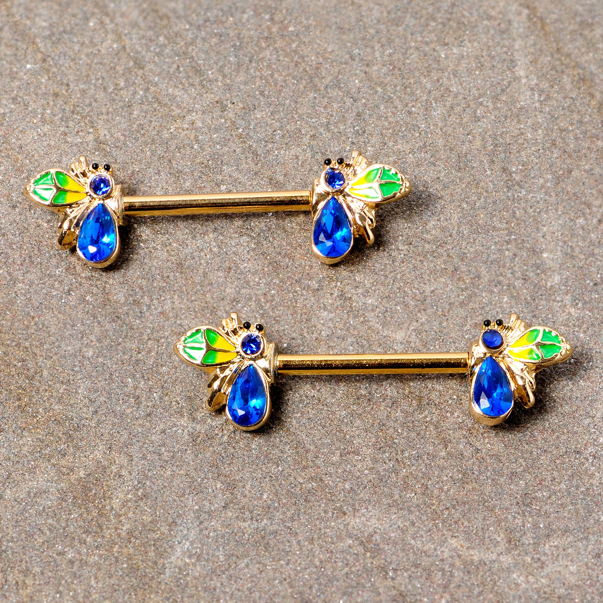 14G 9/16 Blue Gem Gold Tone Colorful Bee Barbell Nipple Ring Set