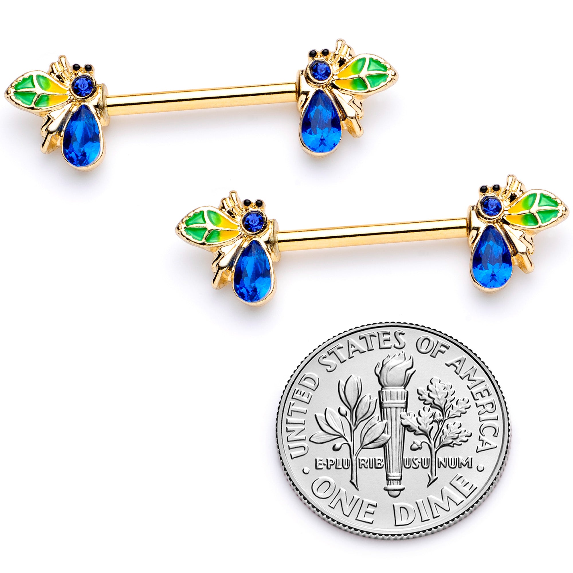 14G 9/16 Blue Gem Gold Tone Colorful Bee Barbell Nipple Ring Set