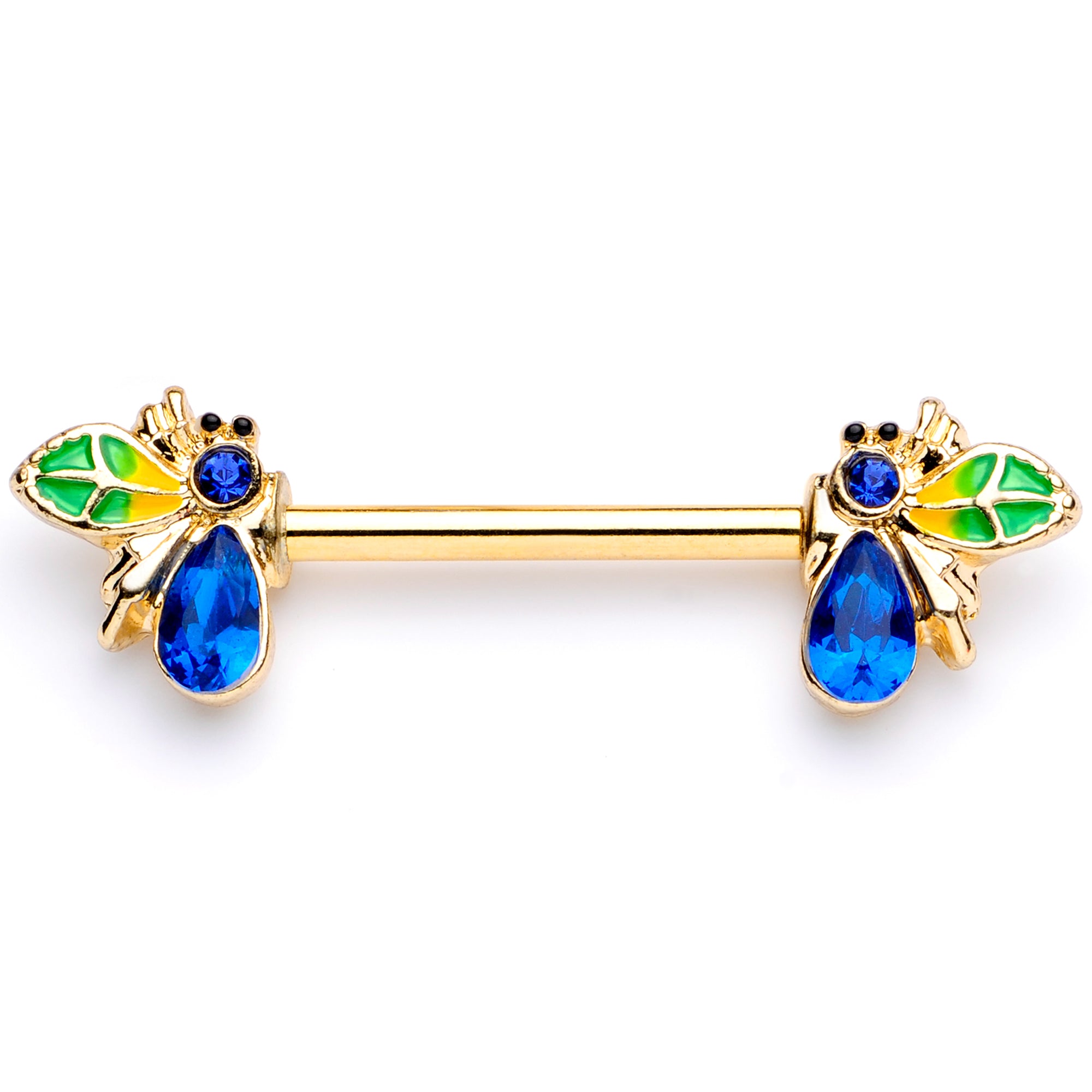14G 9/16 Blue Gem Gold Tone Colorful Bee Barbell Nipple Ring Set