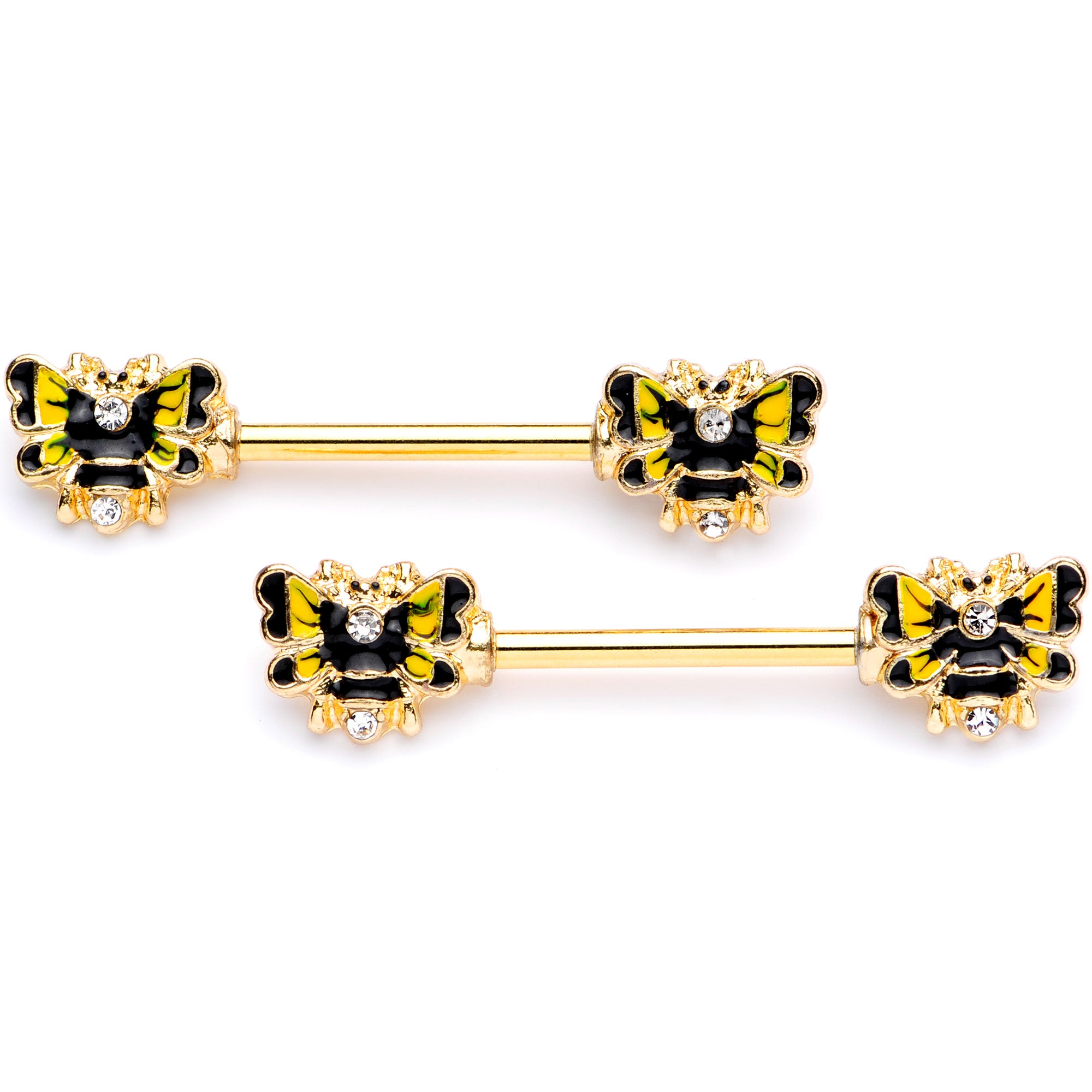 14G 9/16 Clear Gem Gold Tone Butterfly Barbell Nipple Ring Set