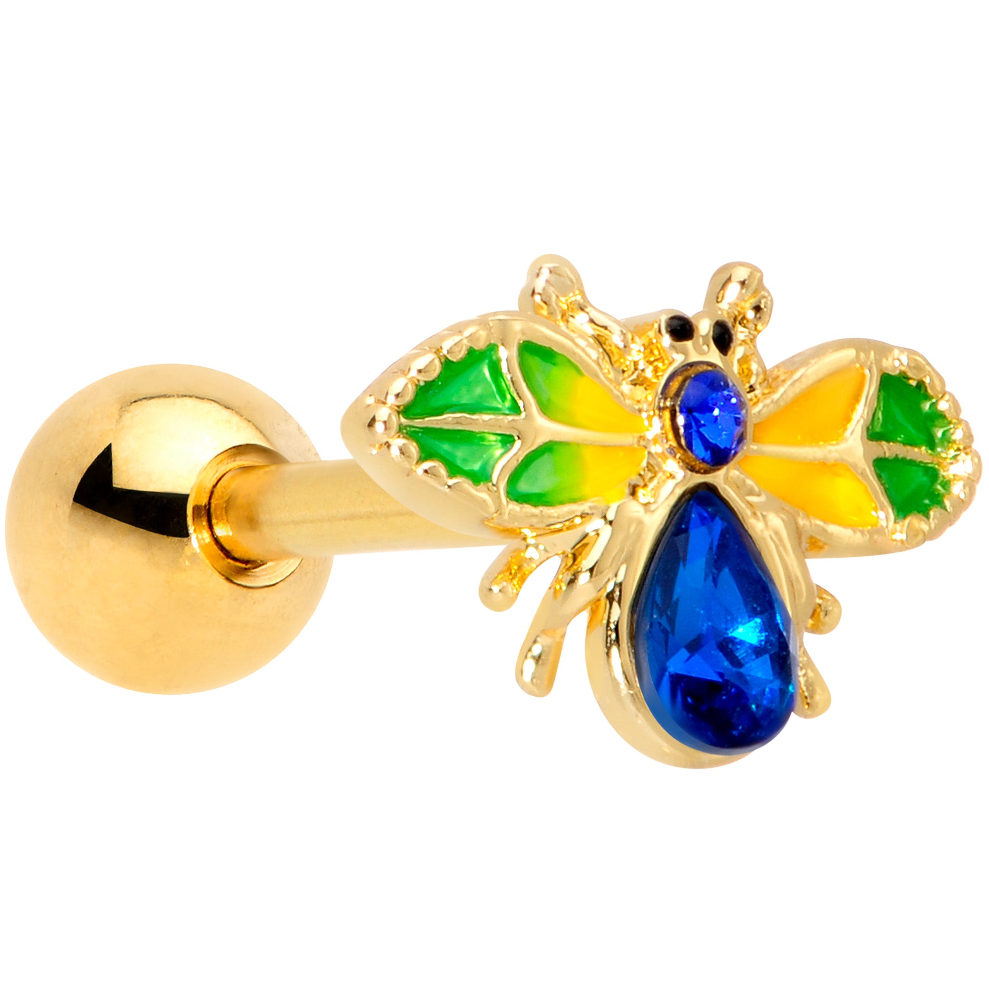 16G 1/4 Blue Gem Gold Tone Colorful Bee Cartilage Tragus Earring