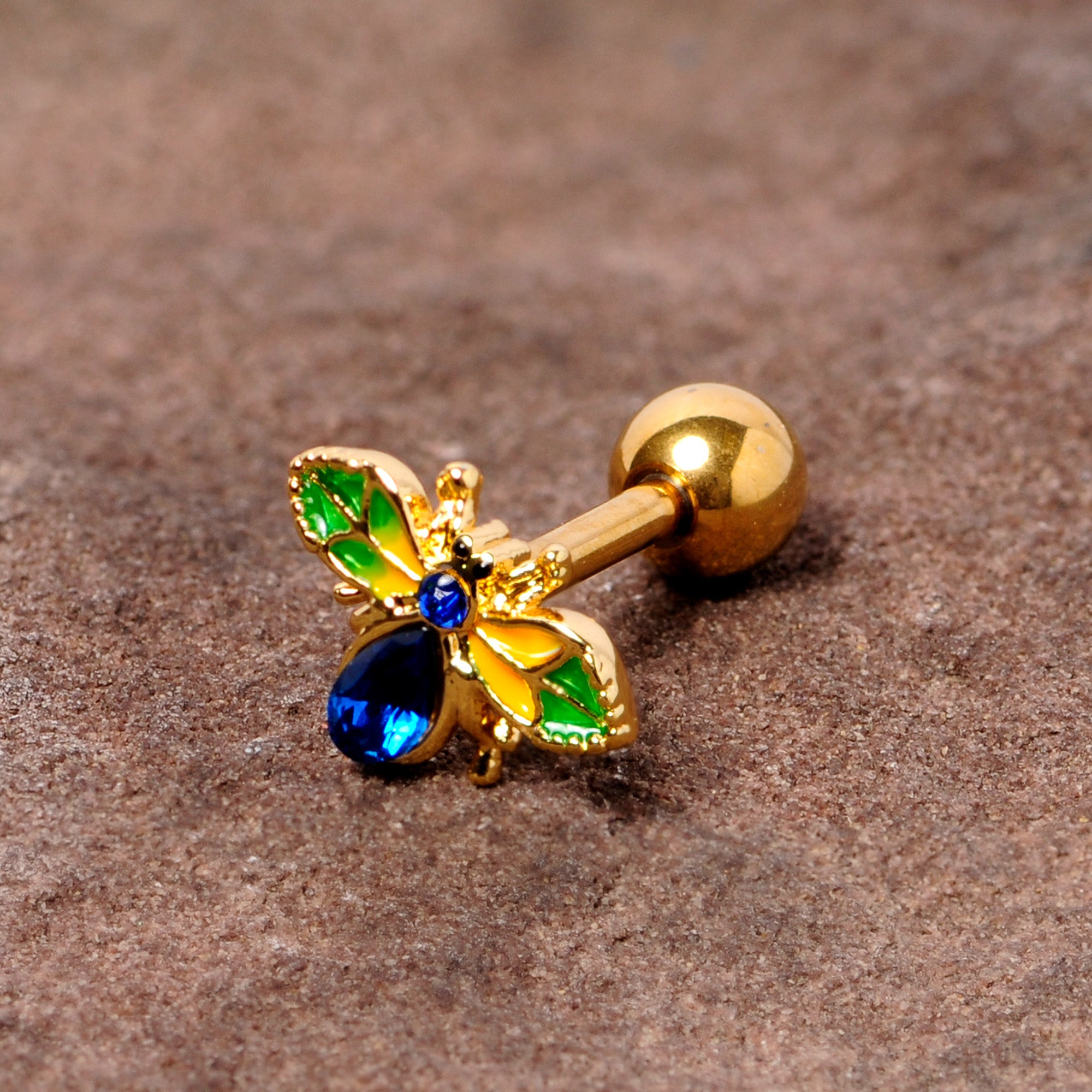 16G 1/4 Blue Gem Gold Tone Colorful Bee Cartilage Tragus Earring