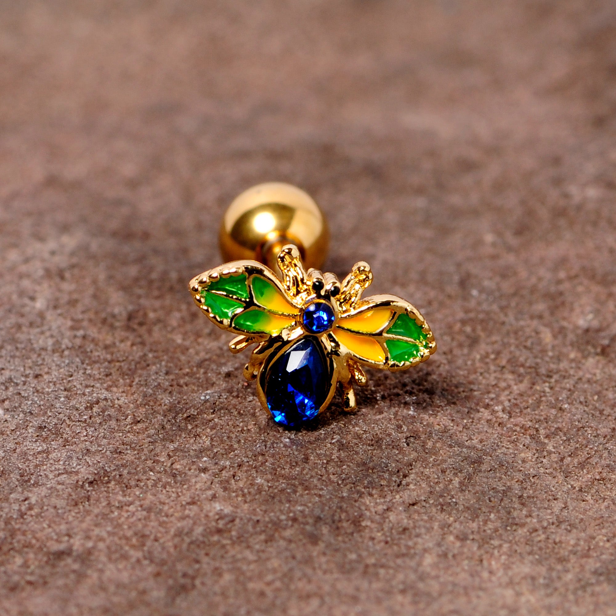 16G 1/4 Blue Gem Gold Tone Colorful Bee Cartilage Tragus Earring