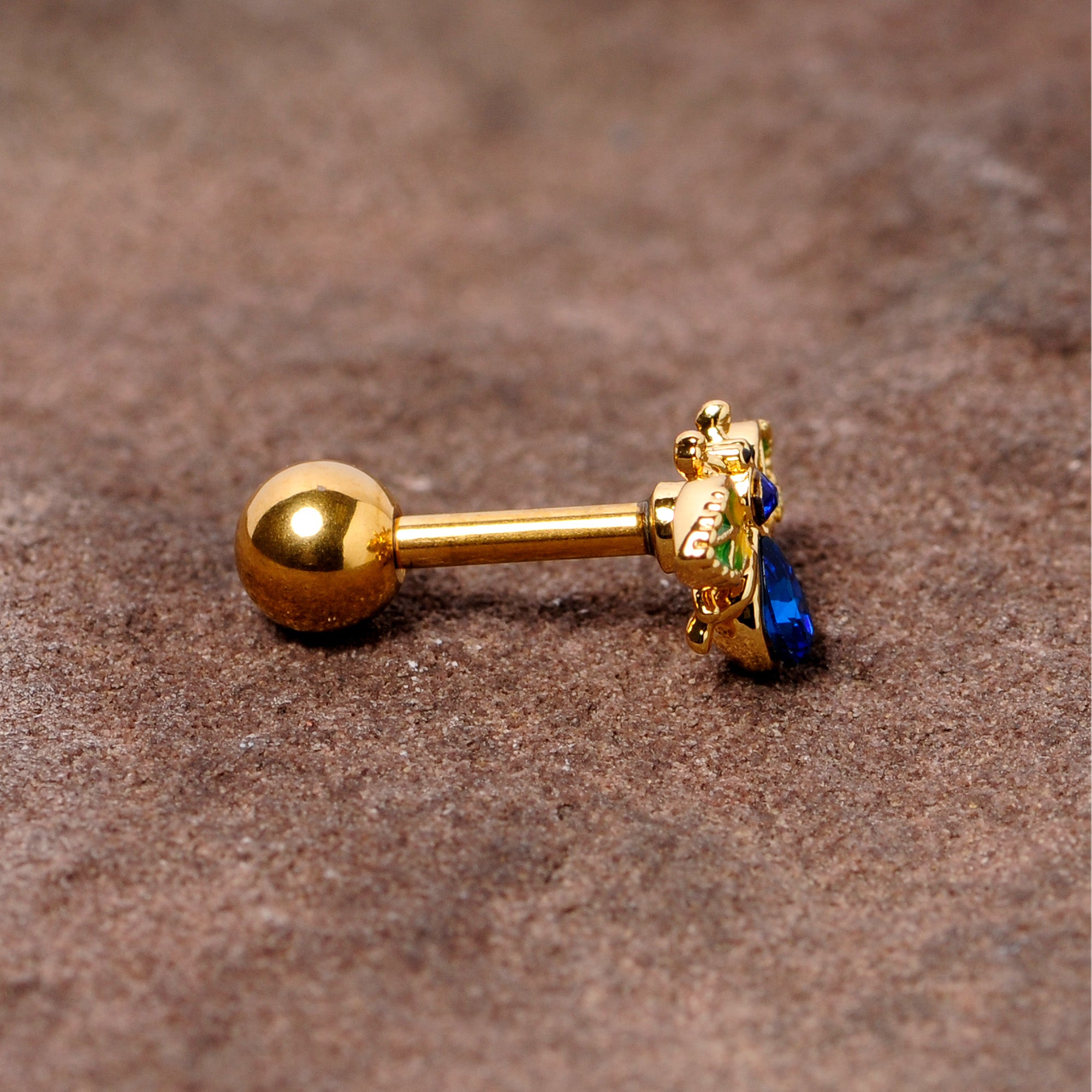 16 Gauge 1/4 Blue Gem Gold Tone Colorful Bee Cartilage Tragus Earring