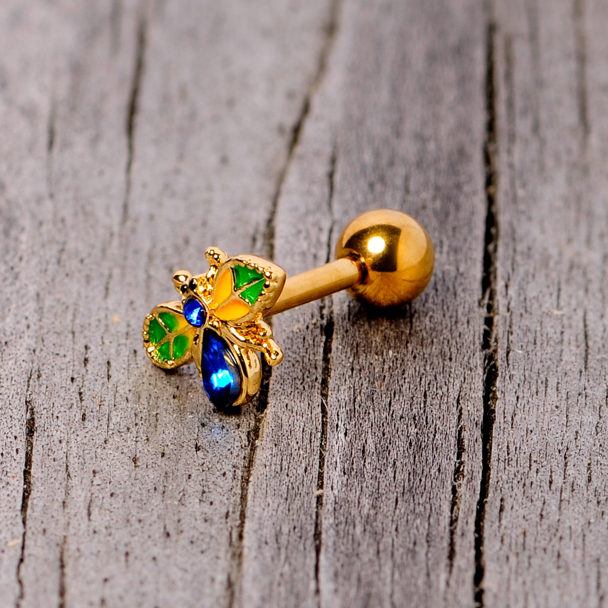 16G 1/4 Blue Gem Gold Tone Colorful Bee Cartilage Tragus Earring