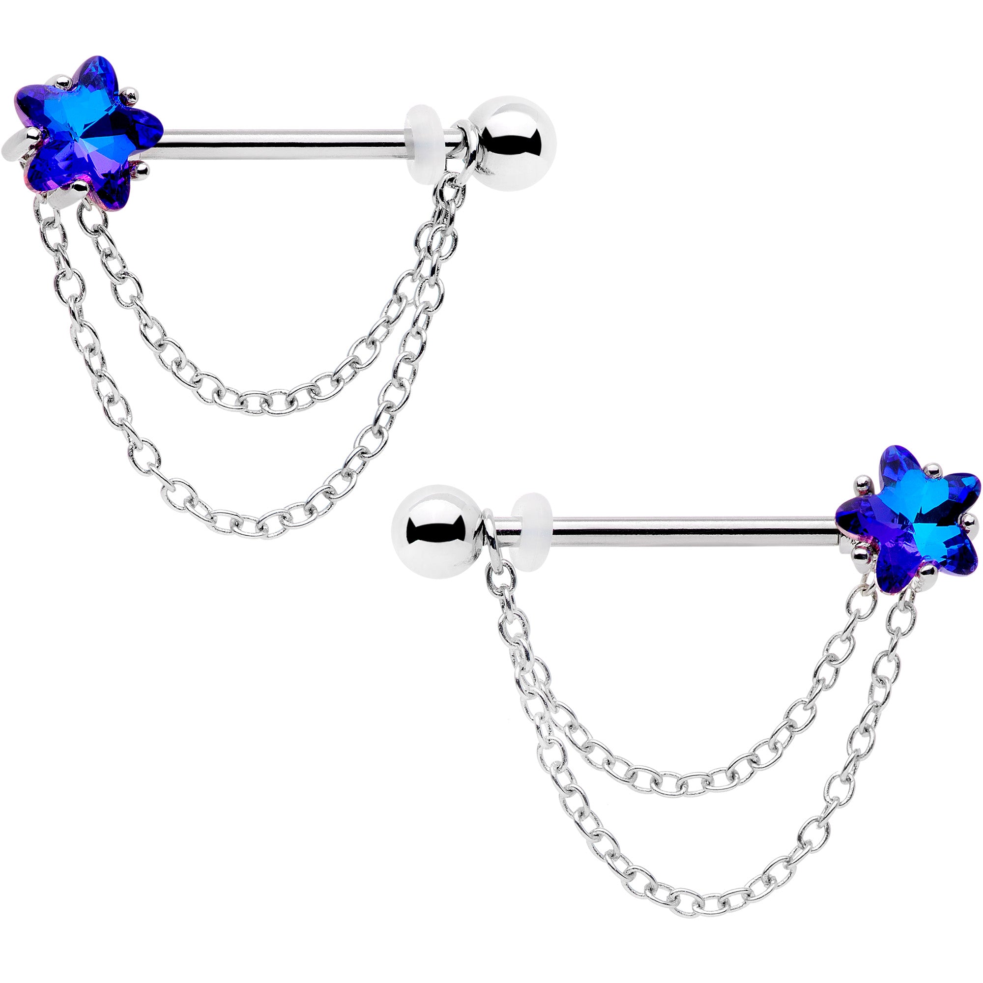 14 Gauge 5/8 Blue Purple Gem Star Chain Dangle Barbell Nipple Ring Set