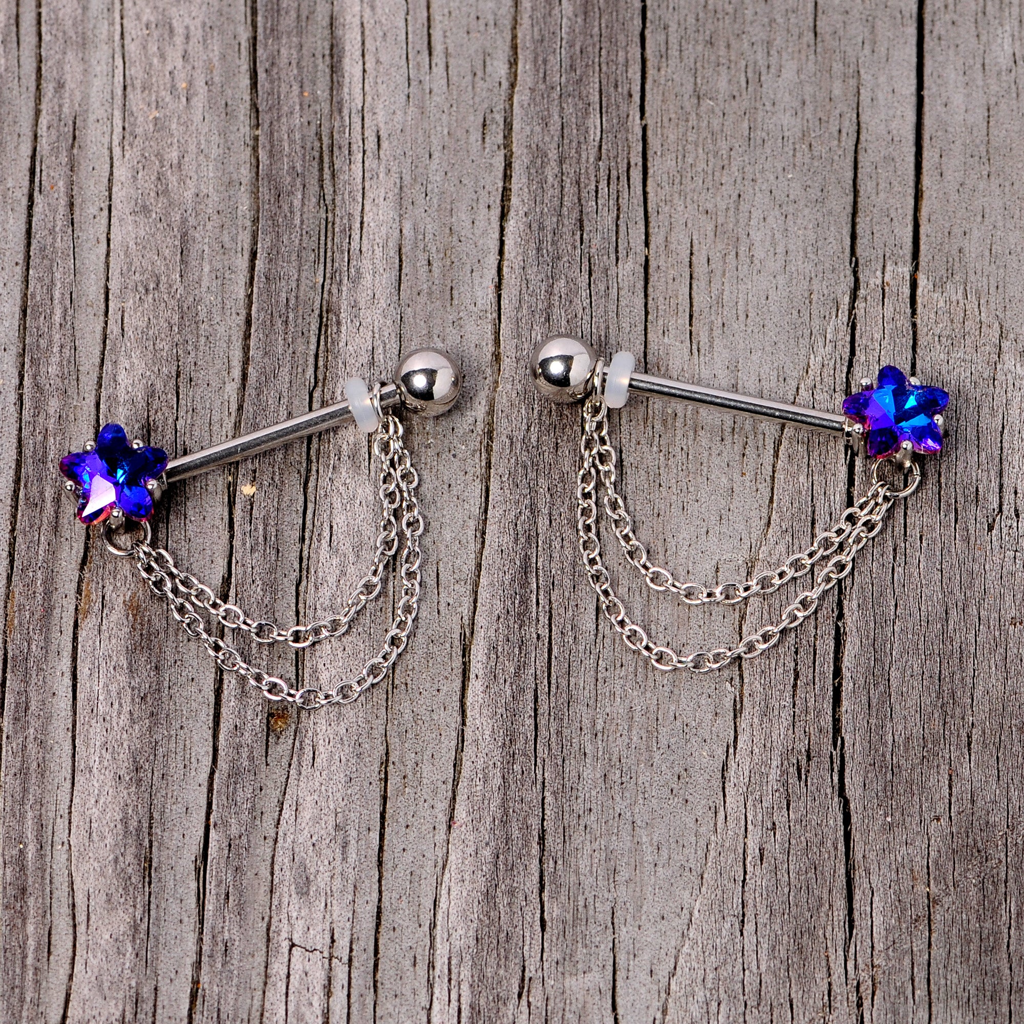 14 Gauge 5/8 Blue Purple Gem Star Chain Dangle Barbell Nipple Ring Set