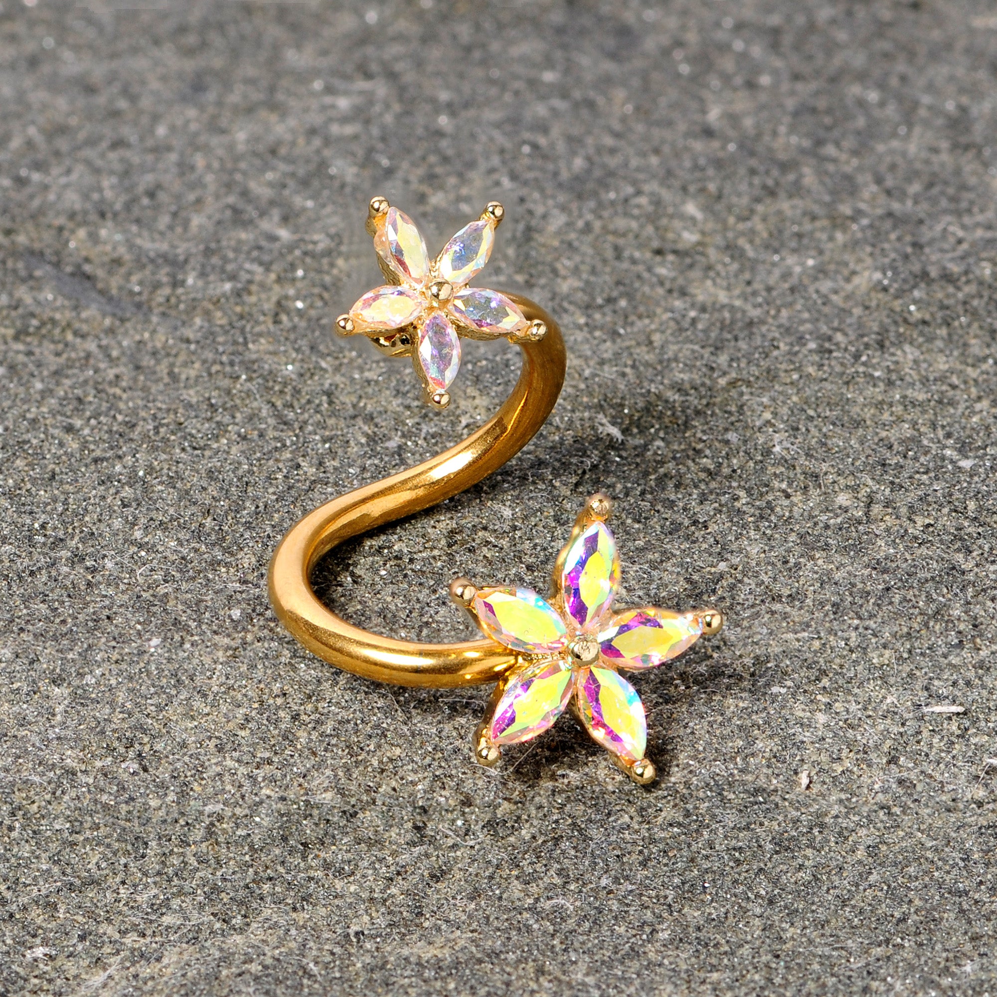 14 Gauge Aurora Gem Gold Tone Star Flower Spiral Twister Belly Ring