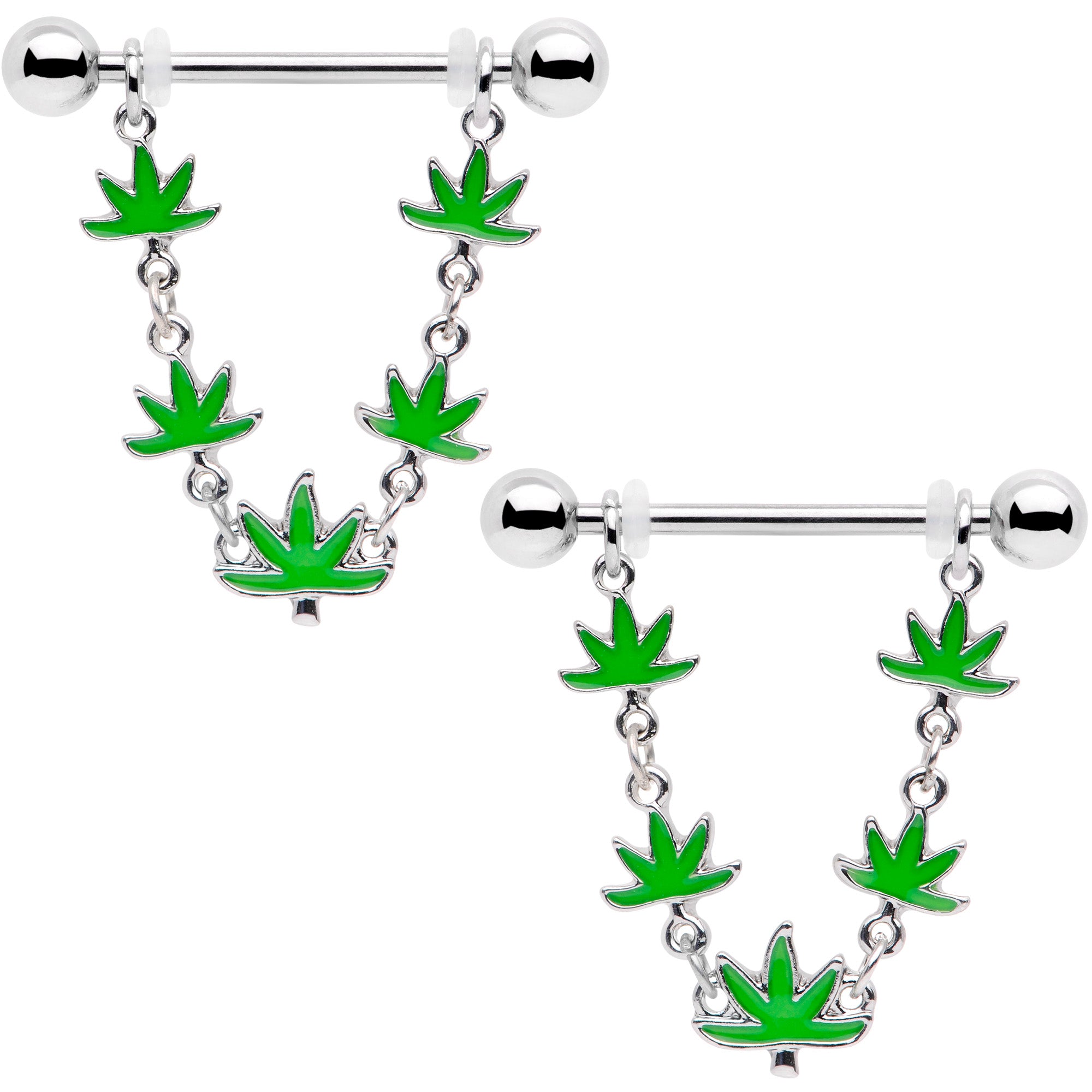 14 Gauge 5/8 Green Marijuana Pot Leaf Dangle Barbell Nipple Ring Set