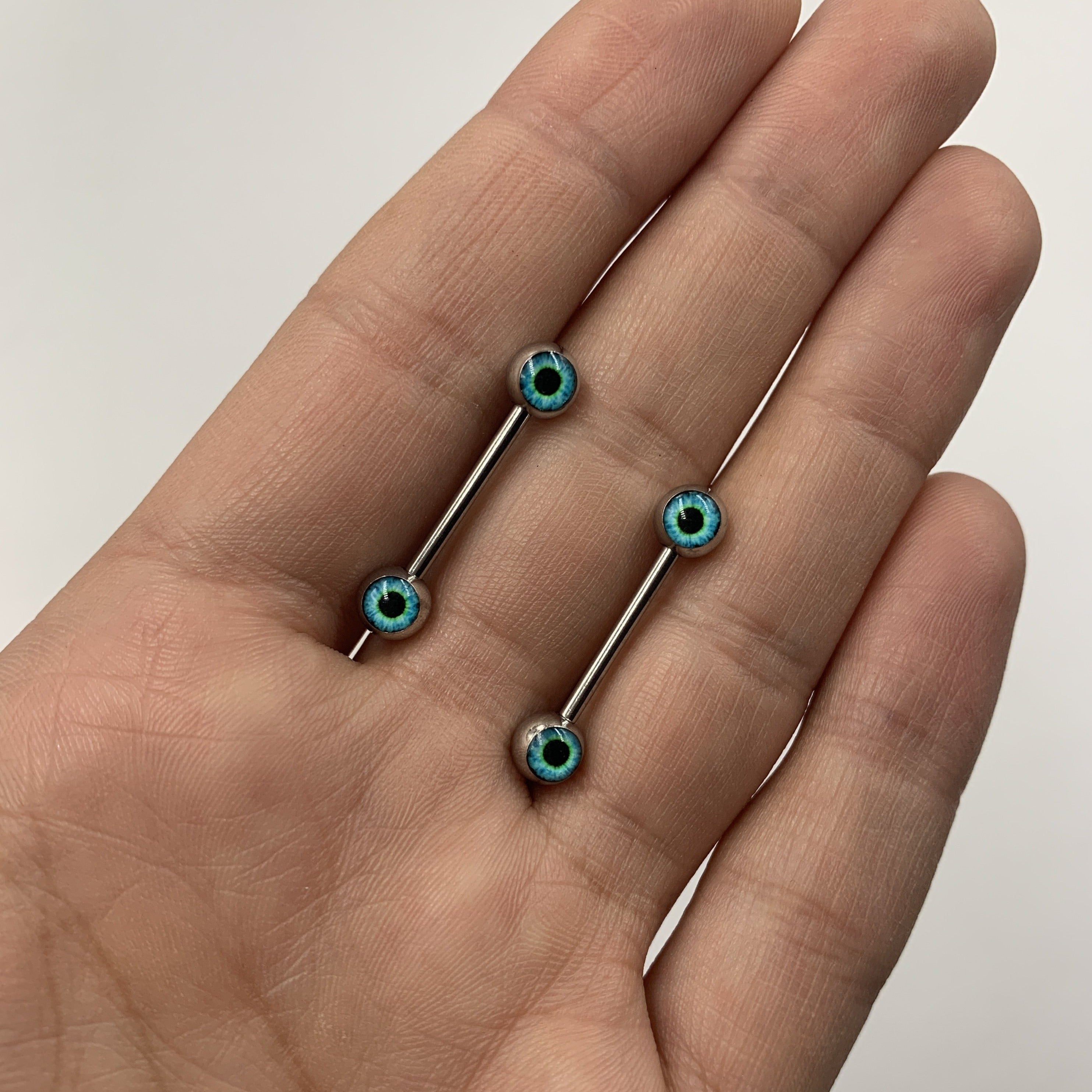 14 Gauge 5/8 Haunting Human Blue Eyeball Halloween Nipple Ring Set