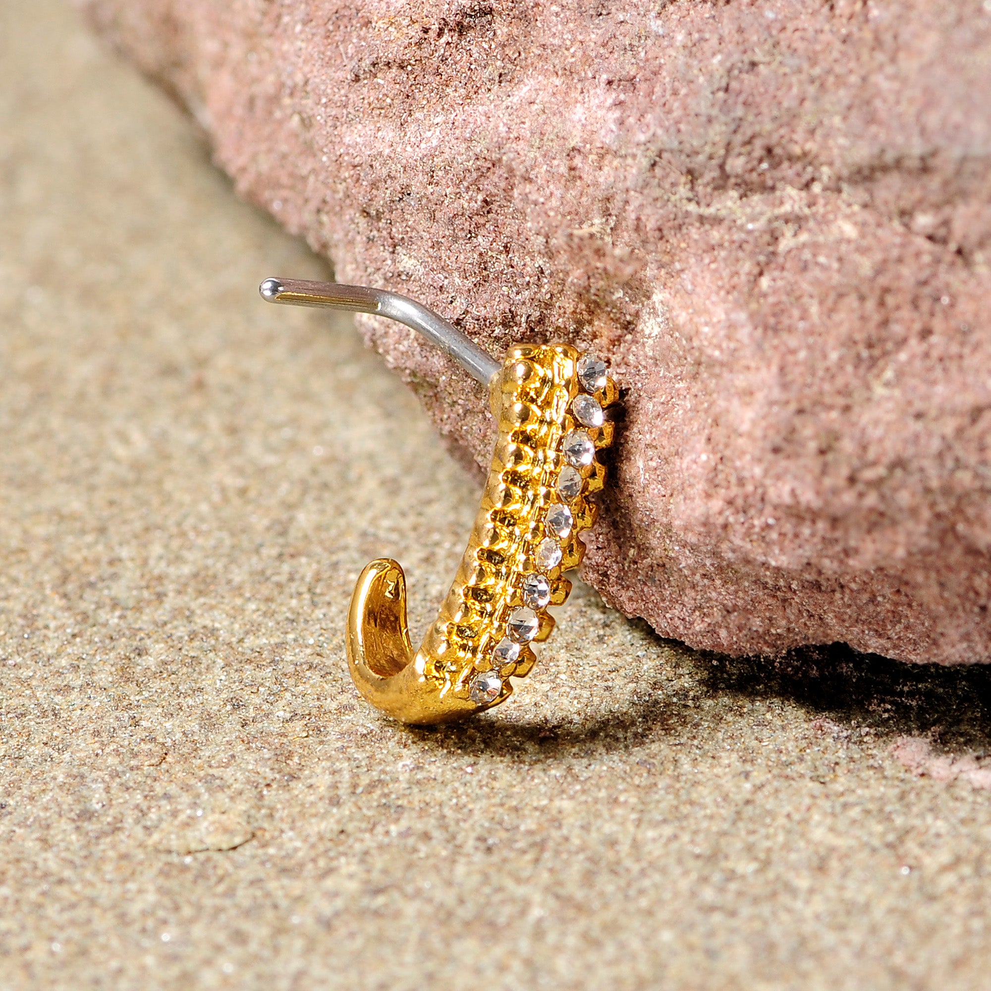 20G 5/16 Clear Gem Gold Tone Texture Faux Hoop L Shaped Nose Ring