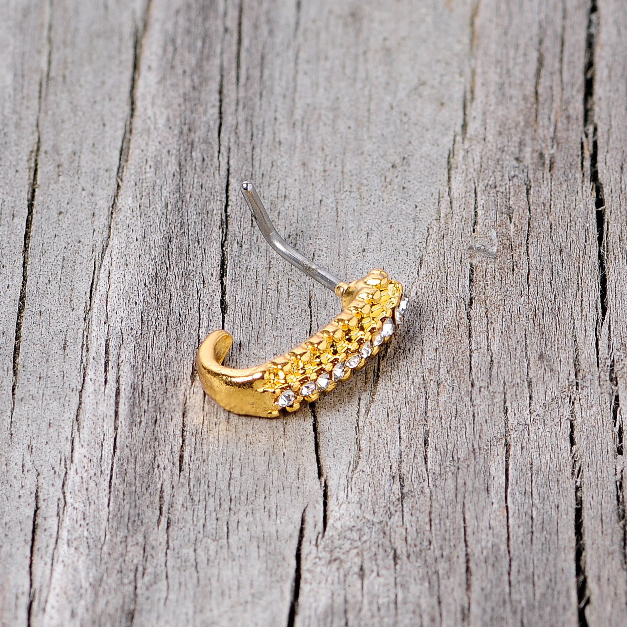 20G 5/16 Clear Gem Gold Tone Texture Faux Hoop L Shaped Nose Ring