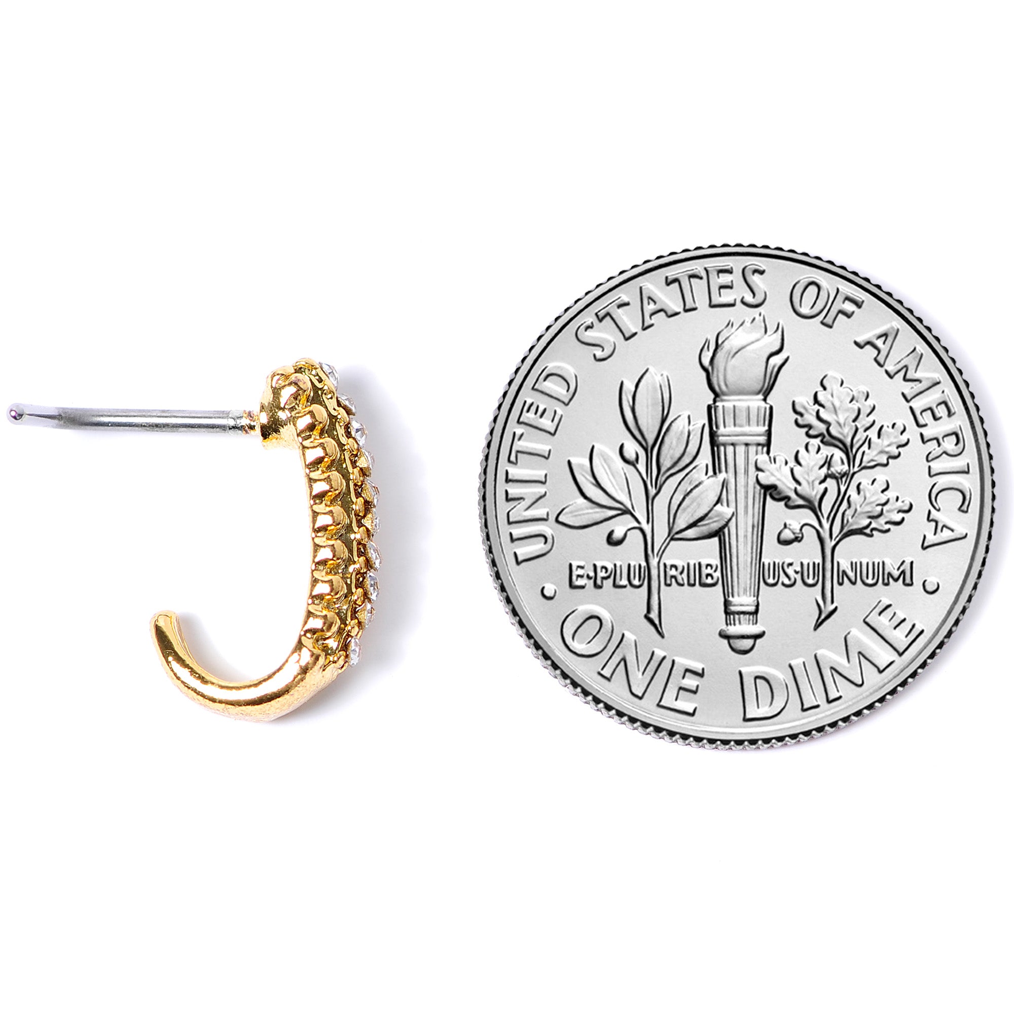 20G 5/16 Clear Gem Gold Tone Texture Faux Hoop L Shaped Nose Ring