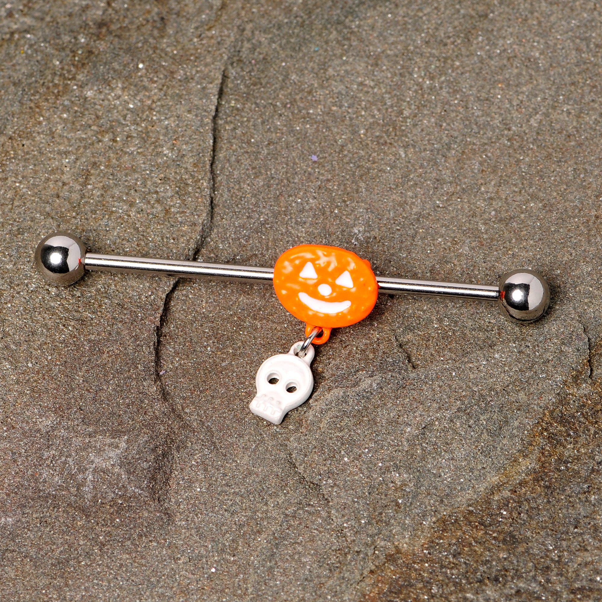 14G Pumpkin Skull Halloween Dangle Industrial Barbell 38mm