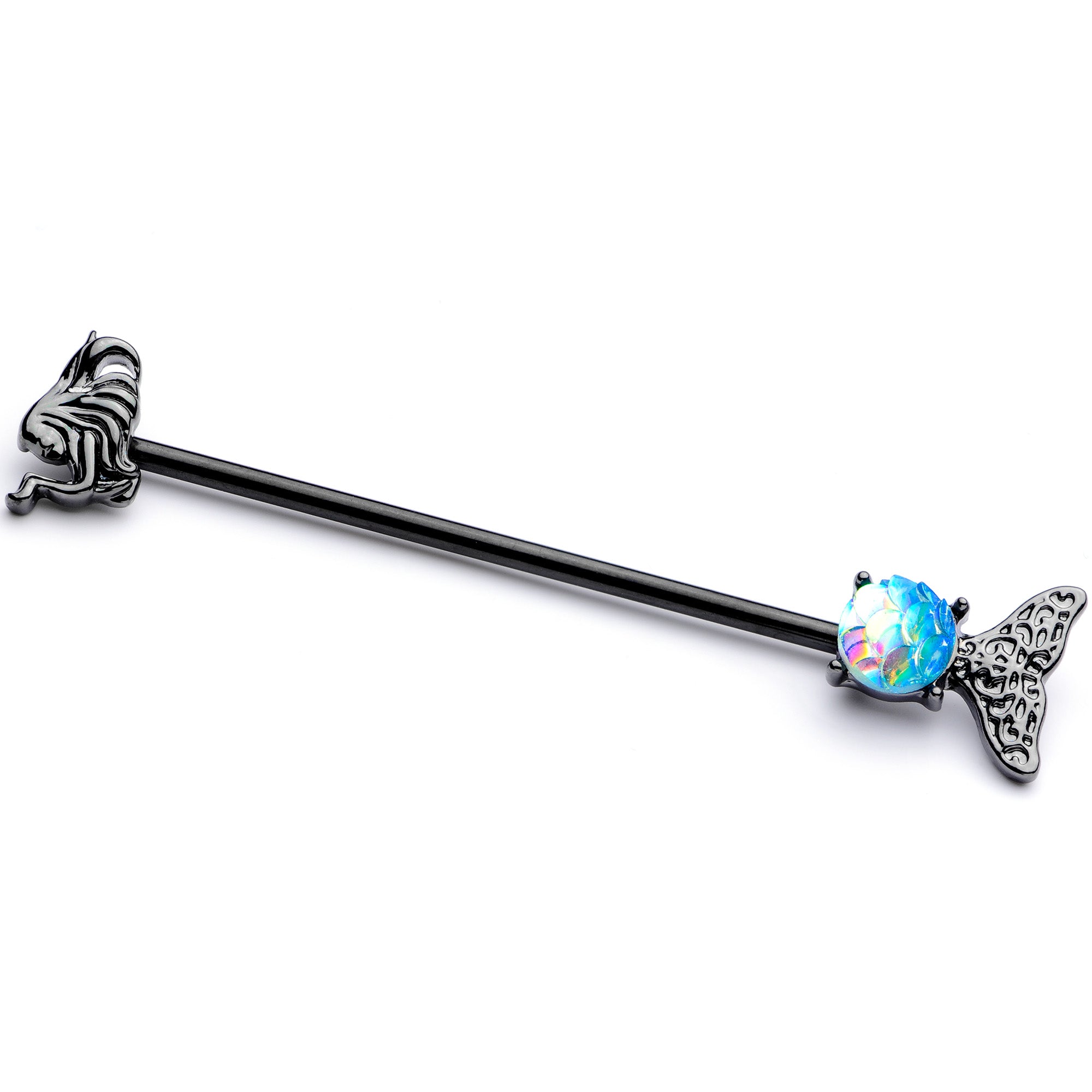 14G Black Blue Mermaid Scale Tail Industrial Barbell 38mm