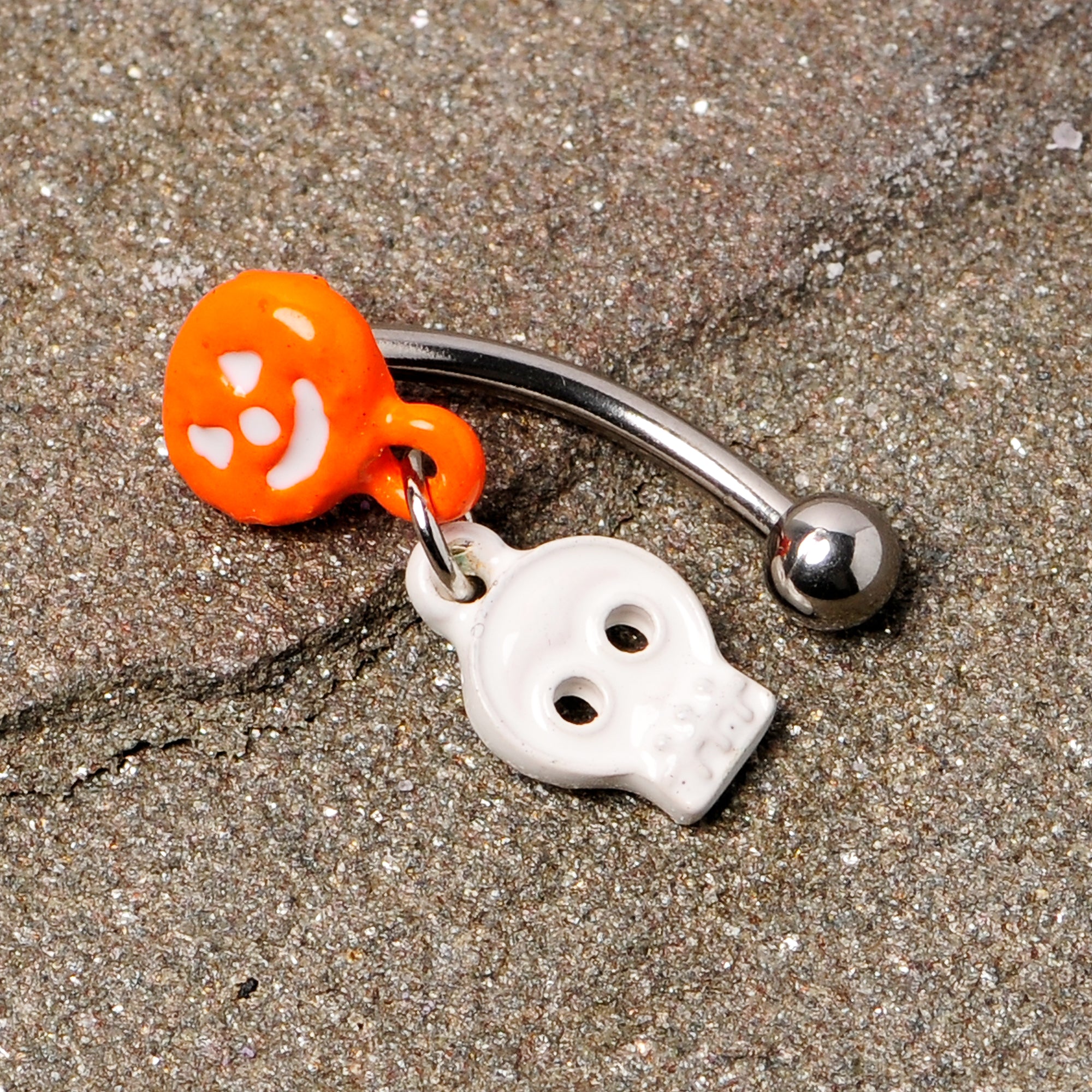 16G 3/8 Pumpkin Ghost Halloween Dangle Curved Eyebrow Ring