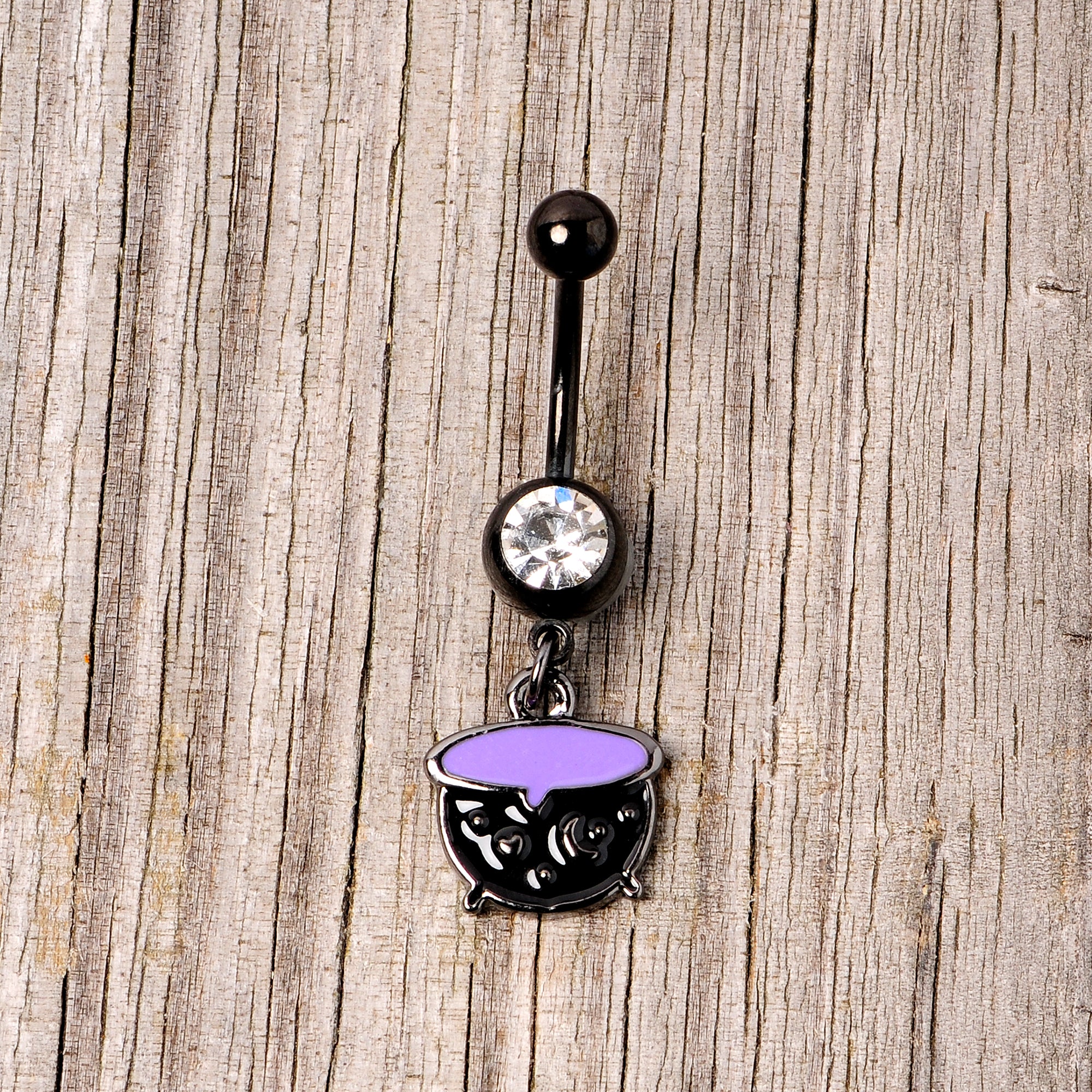Clear Gem Black Purple Witch Cauldron Halloween Dangle Belly Ring
